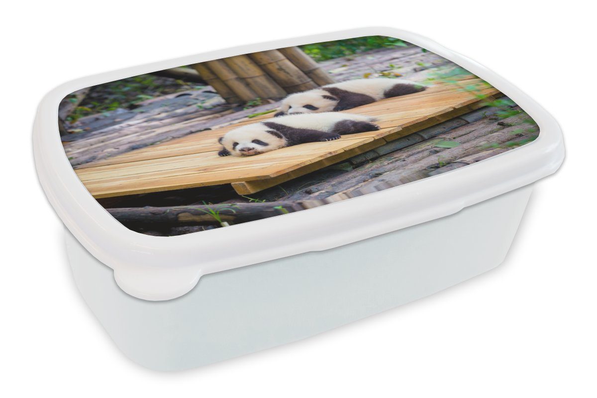 und und - Brotdose, Erwachsene, Mädchen Pandas Kunststoff, MuchoWow für weiß (2-tlg), - Brotbox Holz, für Kinder Lunchbox Jungs Boden