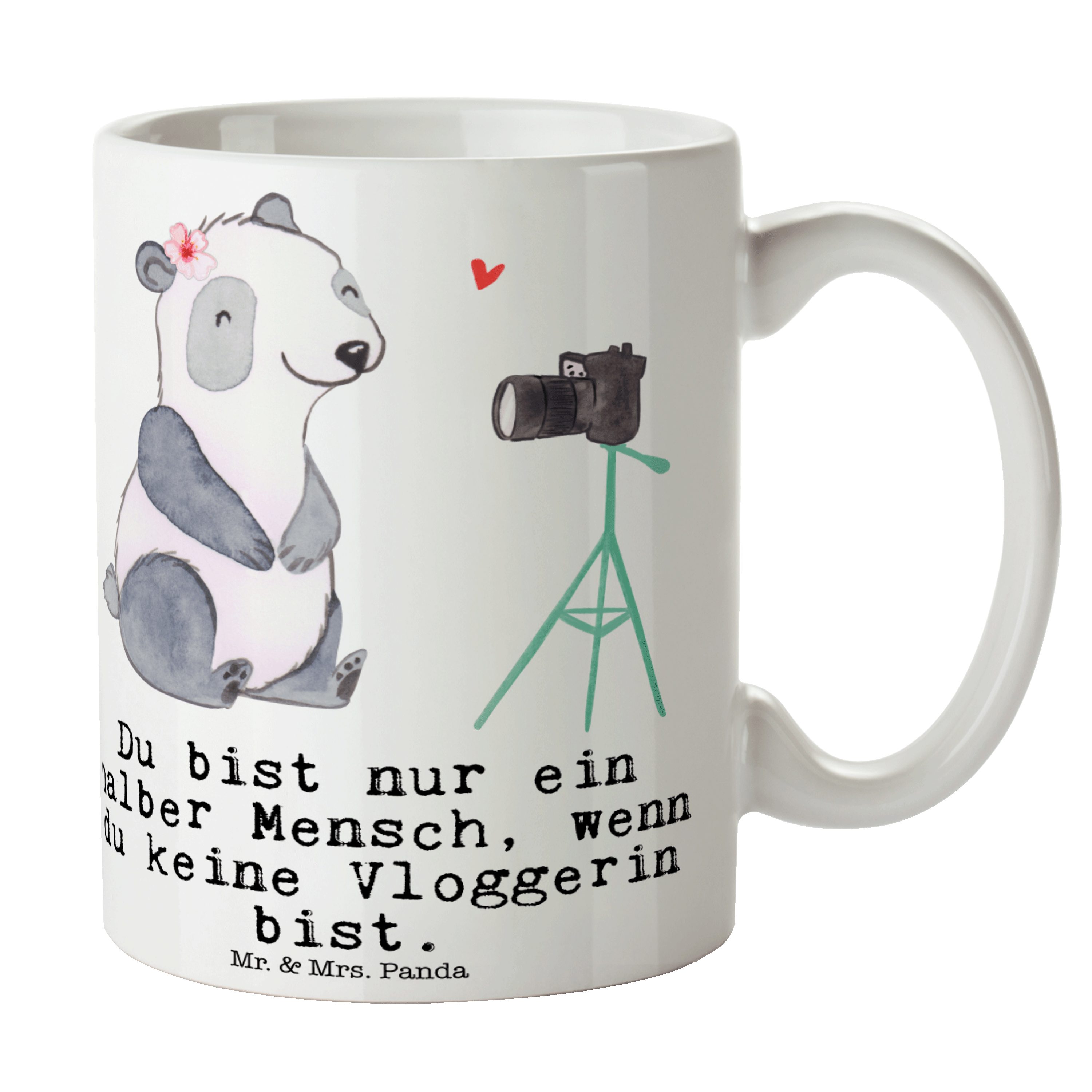 Mr. & Mrs. Panda Tasse Vloggerin mit Herz - Weiß - Geschenk, Tasse Sprüche, Kollege, Mitarbe, Keramik
