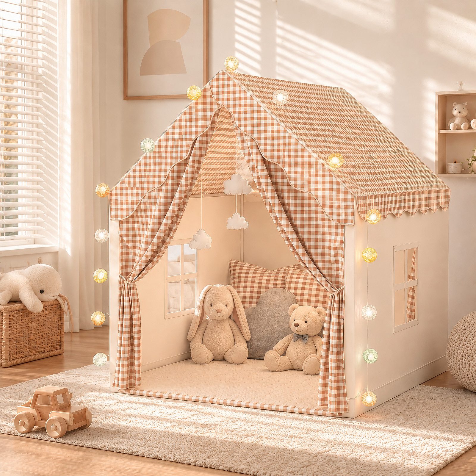 BlingBin Spielzelt Indoor Kinderspielhaus als Spiel- und Bettzelt mit Fenstern (1er Set, 1-tlg., 120 × 105 × 128 cm (L × B × H) bunten Flaggen inklusive Krabbelmatte als Dekor für jedes Kinderzimmer