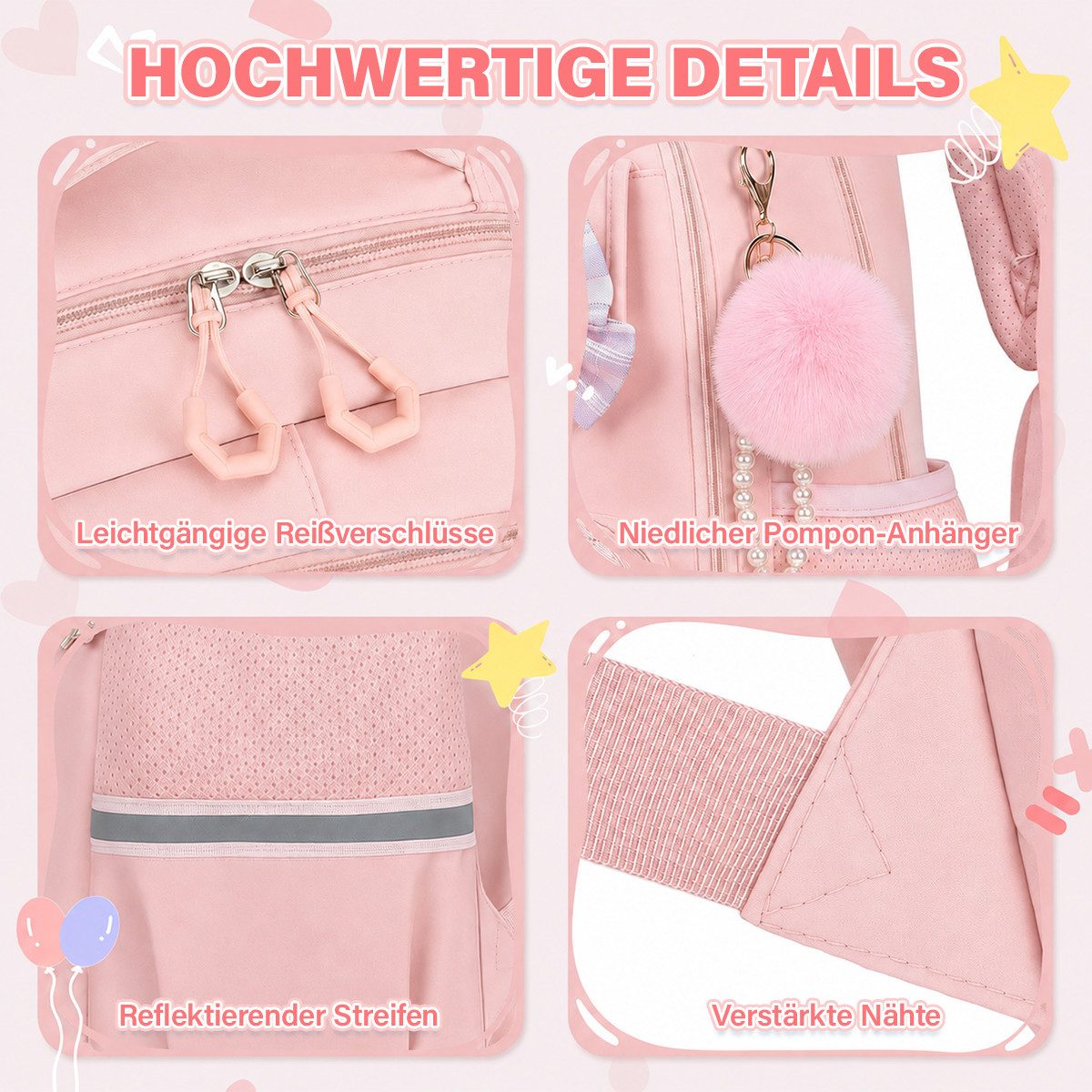 MOPUEA Schulrucksack Schulrucksack Set Schultasche 3-teilig mit Lunchtasche Federmappe (Set, 3-tlg., Atmungsaktiv Wasserabweisender), Leicht Schulrucksack Teena – Bild 3 von 5