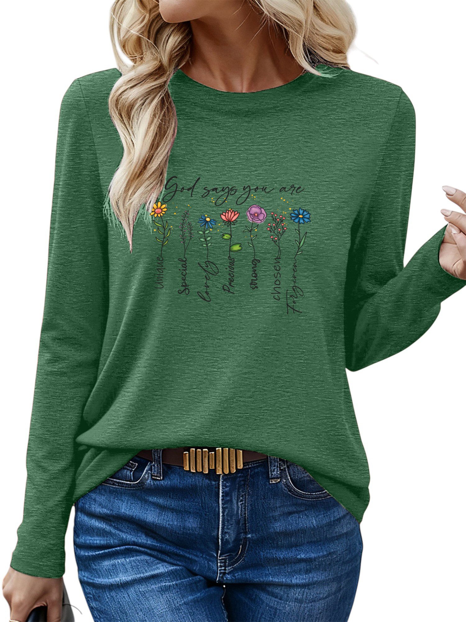 PYLIKE Langarmshirt Damen Casual Langarm mit Blumen Druck bequemes Rundhalsshirt Geeignet für den täglichen Gebrauch im Büro und zu Hause