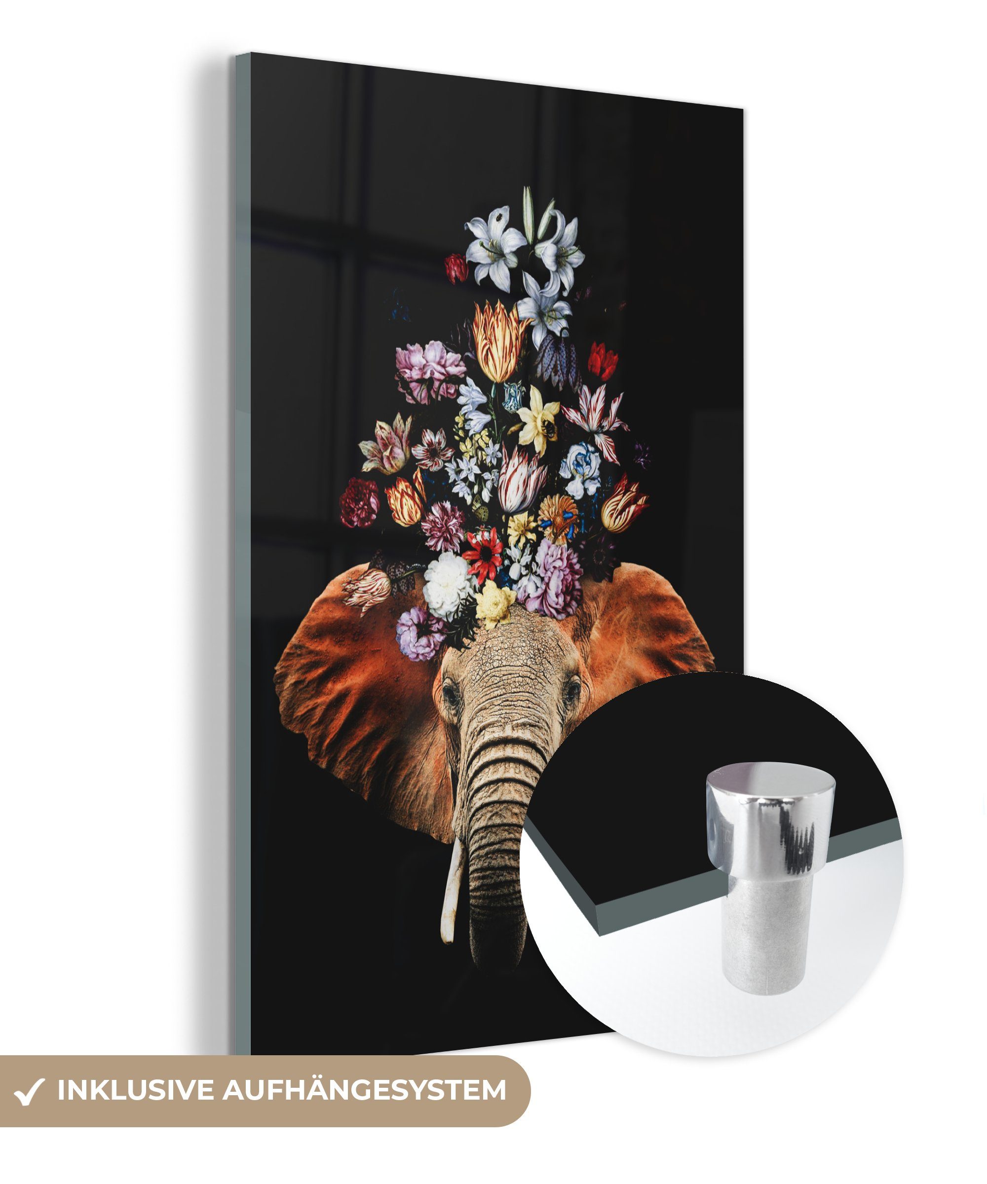 MuchoWow Acrylglasbild Elefant - Blumen - Schwarz, (1 St), Glasbilder - Bilder auf Glas Wandbild - Foto auf Glas - Wanddekoration bunt