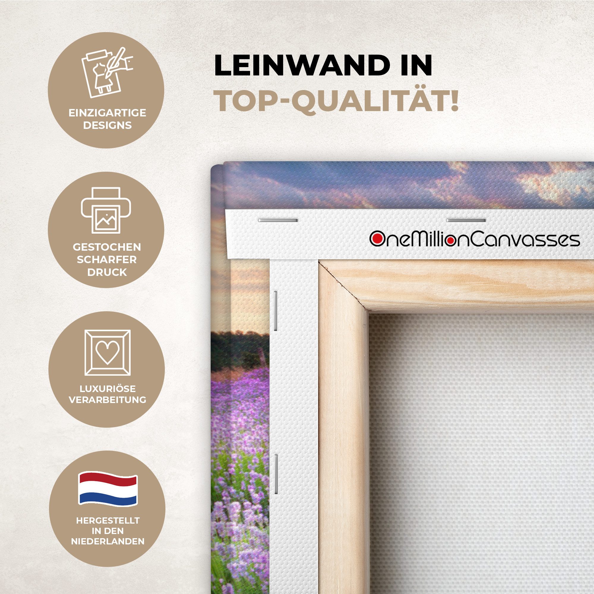 OneMillionCanvasses® Leinwandbild Blumen - Lavendel - Lila - Himmel - Sonnenuntergang - Wiese - Natur, Fotodruck (1 St), Leinwände Wanddeko Wohnzimmer Schlafzimmer 60x40 cm