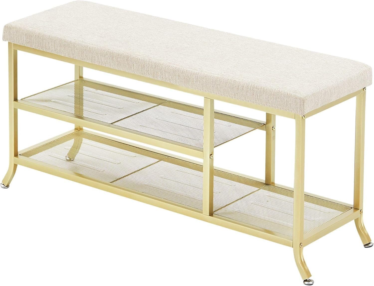 GarveeMore Schuhbank mit Sitzkissen,2 Tier, Schuhtruhe, 100x32x48cm, Gold