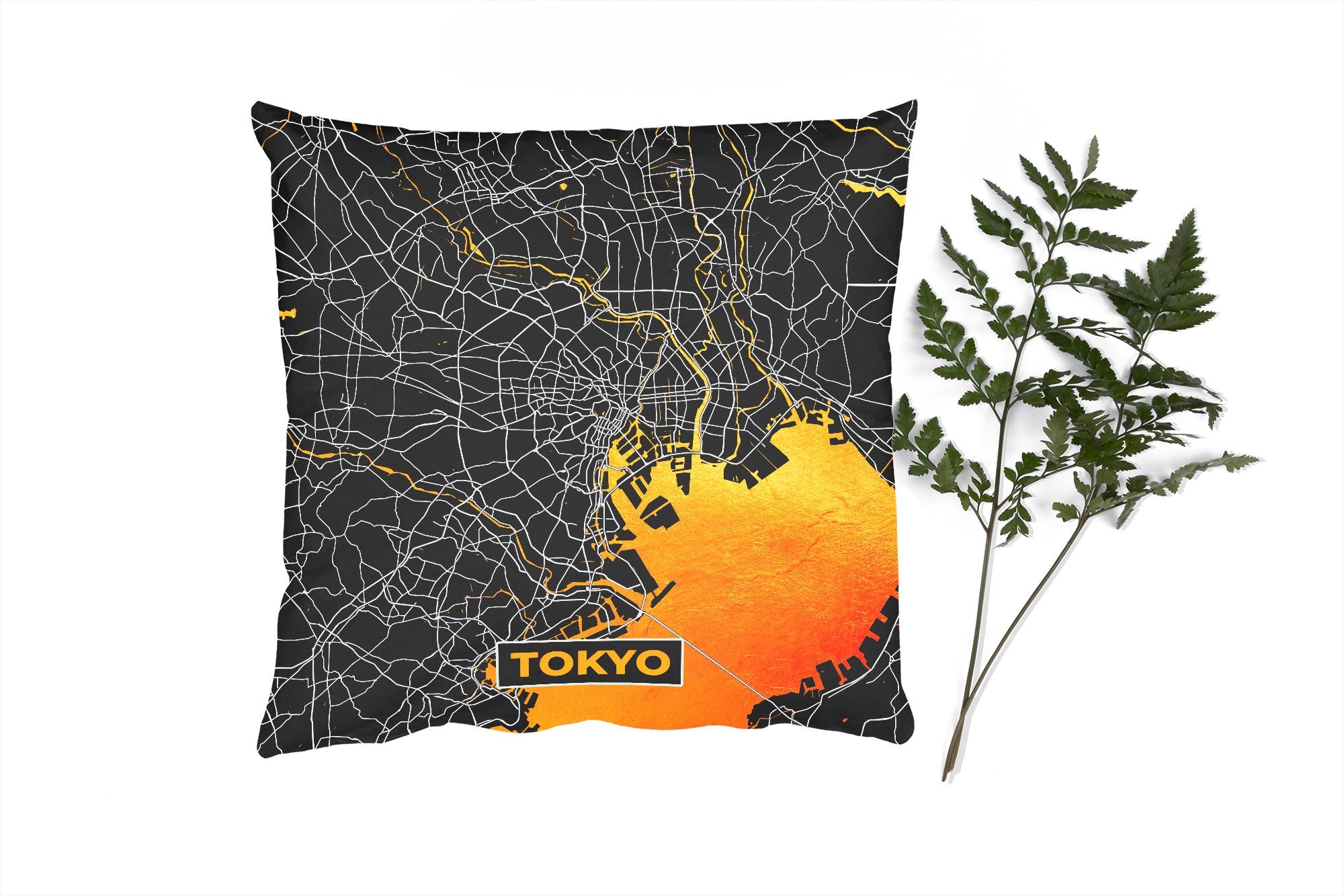 MuchoWow Dekokissen Tokio - Stadtplan - Gold - Karte, Zierkissen mit Füllung für Wohzimmer, Schlafzimmer, Deko, Sofakissen