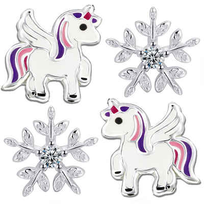 Limana Ohrstecker-Set Kinder Ohrringe 925 Sterling Silber Einhorn Pferde Stern Schneeflocke, Geschenkidee Winter Weihnachten Kinderohrringe