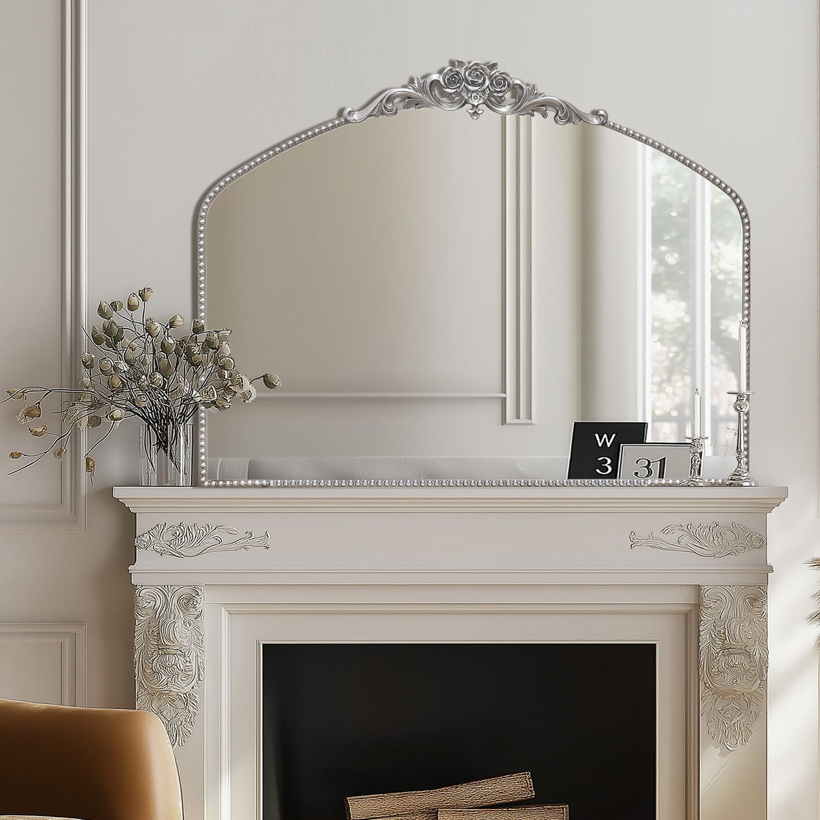 G-LEAF Spiegel Bogen-Wandspiegel, antiker Spiegel im Barockstil, mit Perlenverzierung (1-St), für Eingangsbereich, Badezimmer oder Schlafzimmer, Vintage-Silber