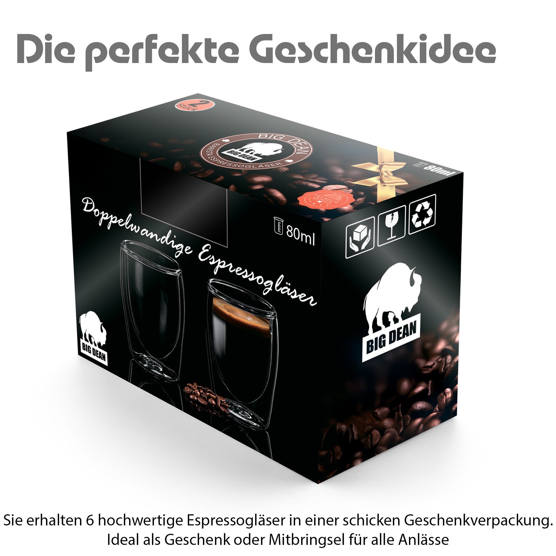 BigDean Espressotasse 6 Stück doppelwandige Espressotassen 80 ml in Gastro-Qualität, 6-tlg., Borosilikatglas, Spülmaschinenfest, Lebensmittelecht – Bild 2 von 5