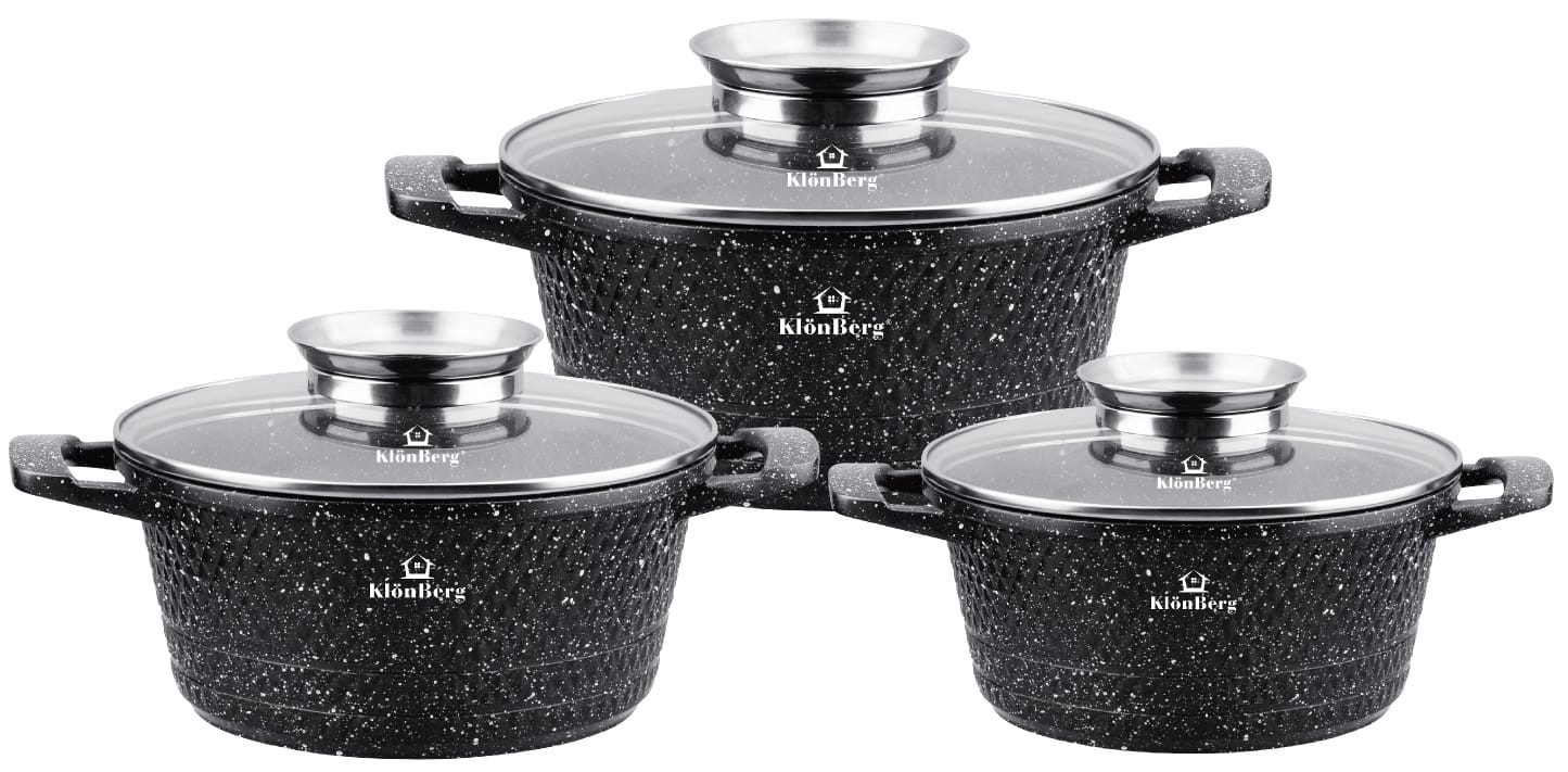 KlönBerg Topf-Set Steinbeschichtete Kochtöpfe – Wählen Sie aus 4 exklusiven Sets, Aluminiumguss, Aluminium, Edelstahl (Dieses Topfset ist auch ein perfektes Geschenk für jeden Kochliebhaber und sorgt garantiert für Freude in jeder Küche, 6-tlg., Multifunktional, geeignet zum Kochen, Braten und Backen)