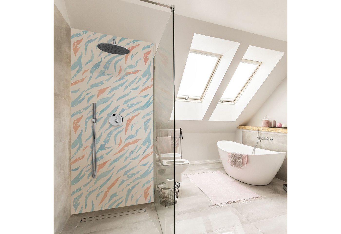 Thumbnail - Bilderdepot24 Badrückwand Muster blau Duschrückwand ohne Bohren Dusche Illustration, (Hartfolie matt » Selbstklebend PRE...