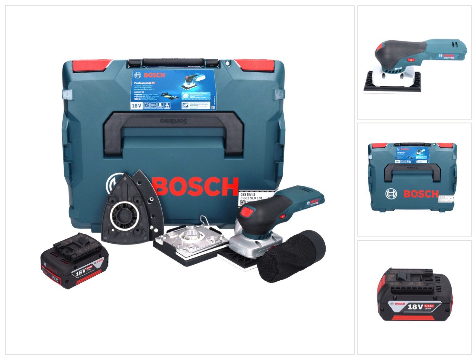 Bosch Professional Exzenterschleifer GSS 18V-13 Akku Schwingschleifer 18 V + 1x Akku 5,0 Ah + L-BOXX - ohn