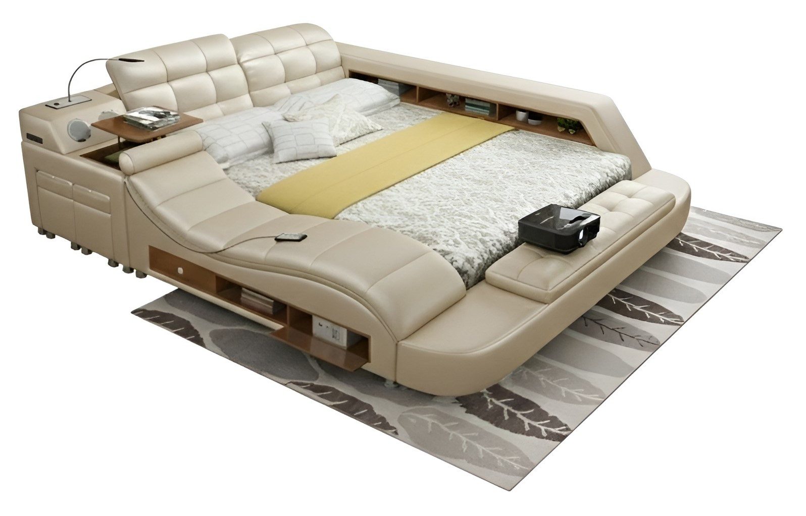 Xlmoebel Multimediabett Multifunktionales Bett im modernen Stil mit beigem Holzrahmen (Multimediabett, 2-tlg., Multimediabett), Made in Europa
