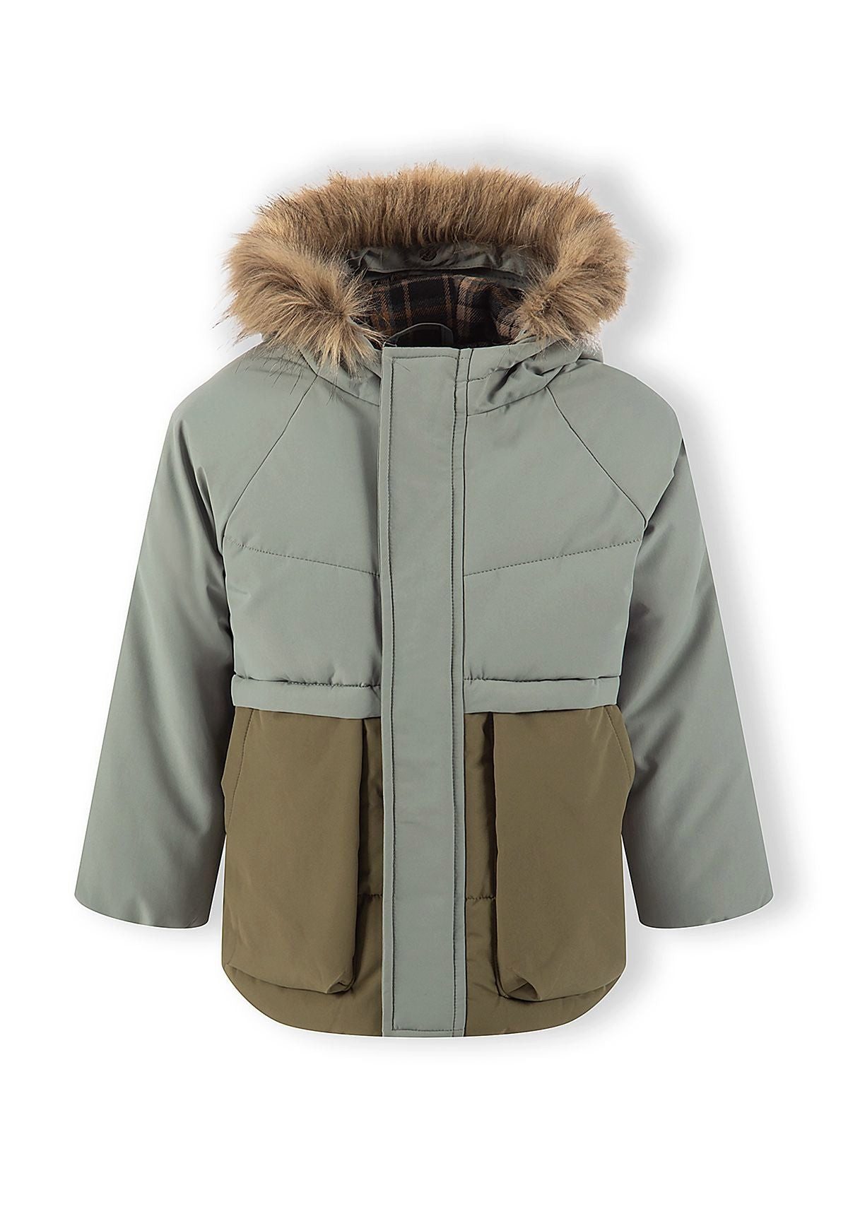 MINOTI Parka für Jungen, Winterjacke mit Kunstfellkapuze, wattiert mit Karofutter