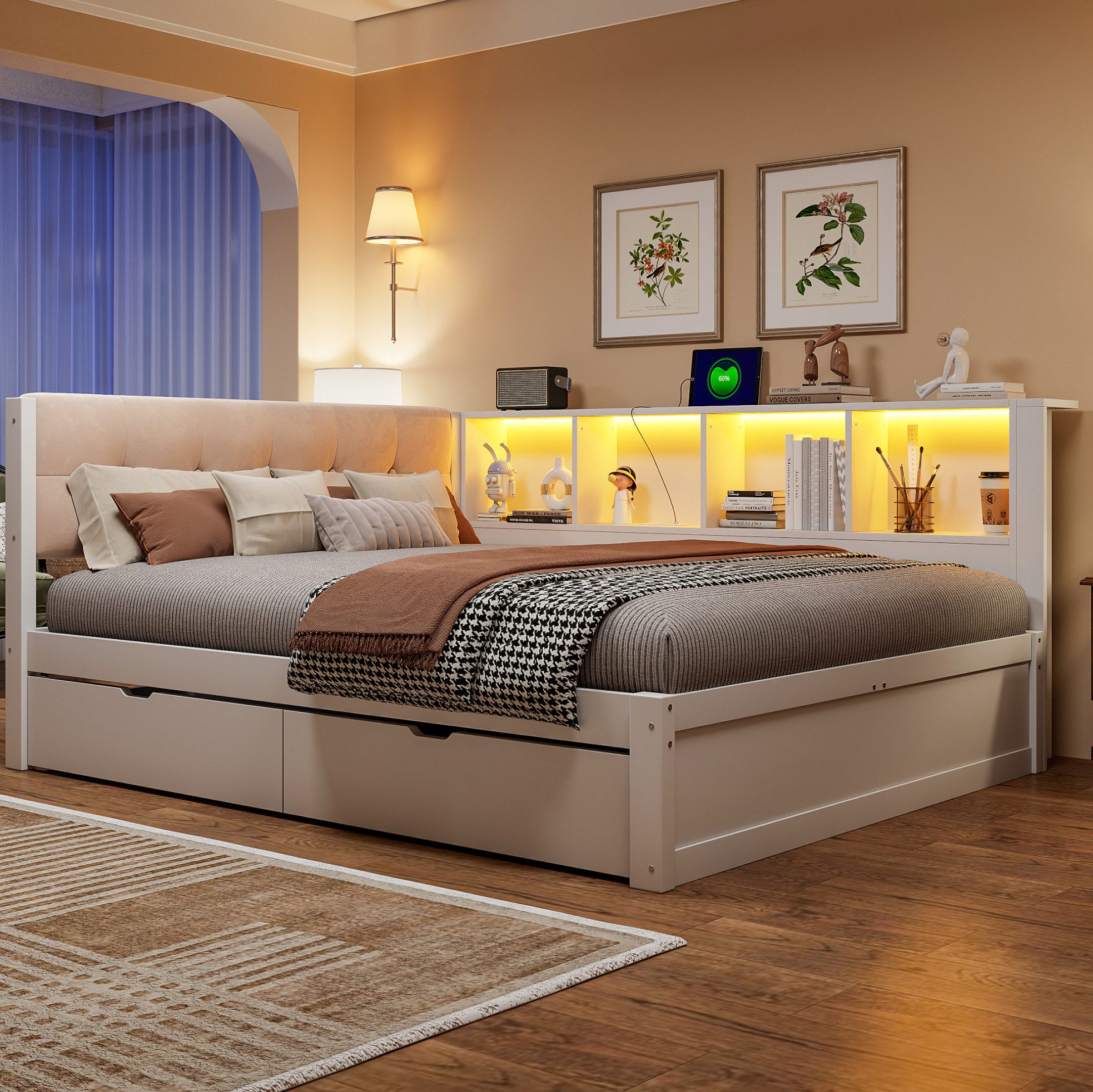 REDOM Schlafsofa Jugendbett mit integriertem Regal, Tagesbett, Kinderbett mit LED-Leiste dimmbar und Schubladen, 140 × 200 cm Holzbett, Inklusive Matratze