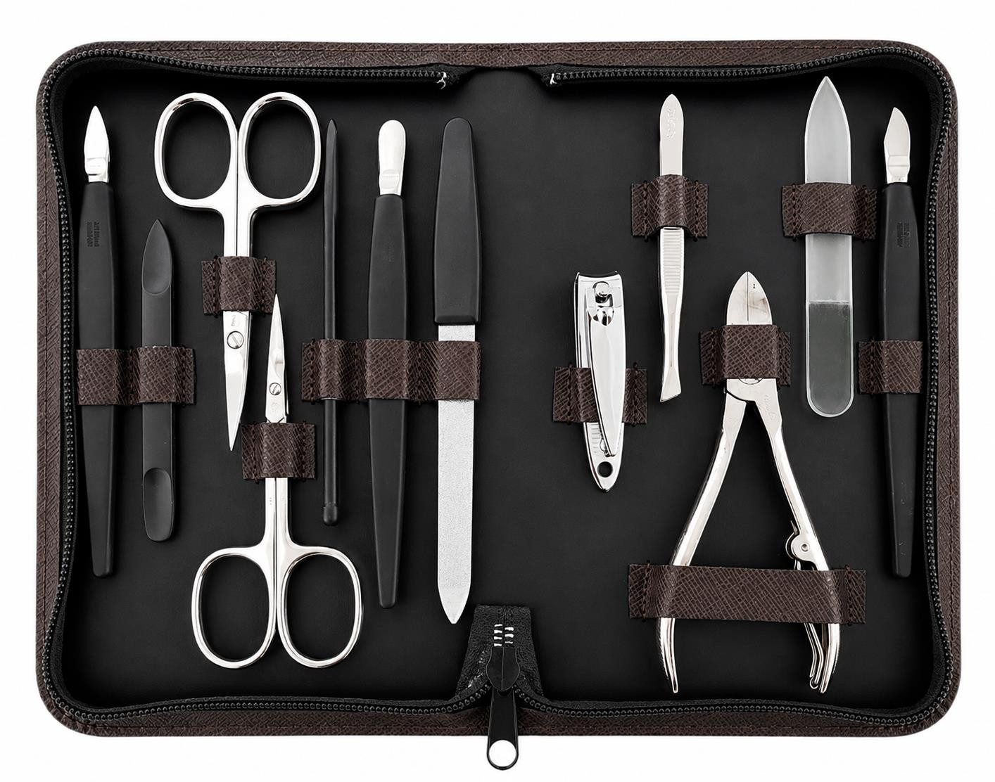 EloModa Maniküre-Kosmetik-Etui 12teiliges Solingen* Maniküre Set mit Leder-Etui Nagelpflege, Made in, 12 tlg., Made in Germany, Solinger Qualität, Echtleder-Etui, Gehärteter Stahl