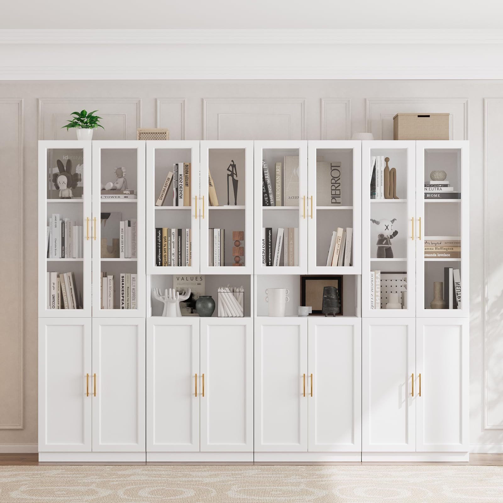 VOWNER Bücherregal mit Glastüren, modernes Großes Aufbewahrungsvitrinen-Set, 4-tlg., Bücherschrank mit Verstellbarem Regalboden, 180cm