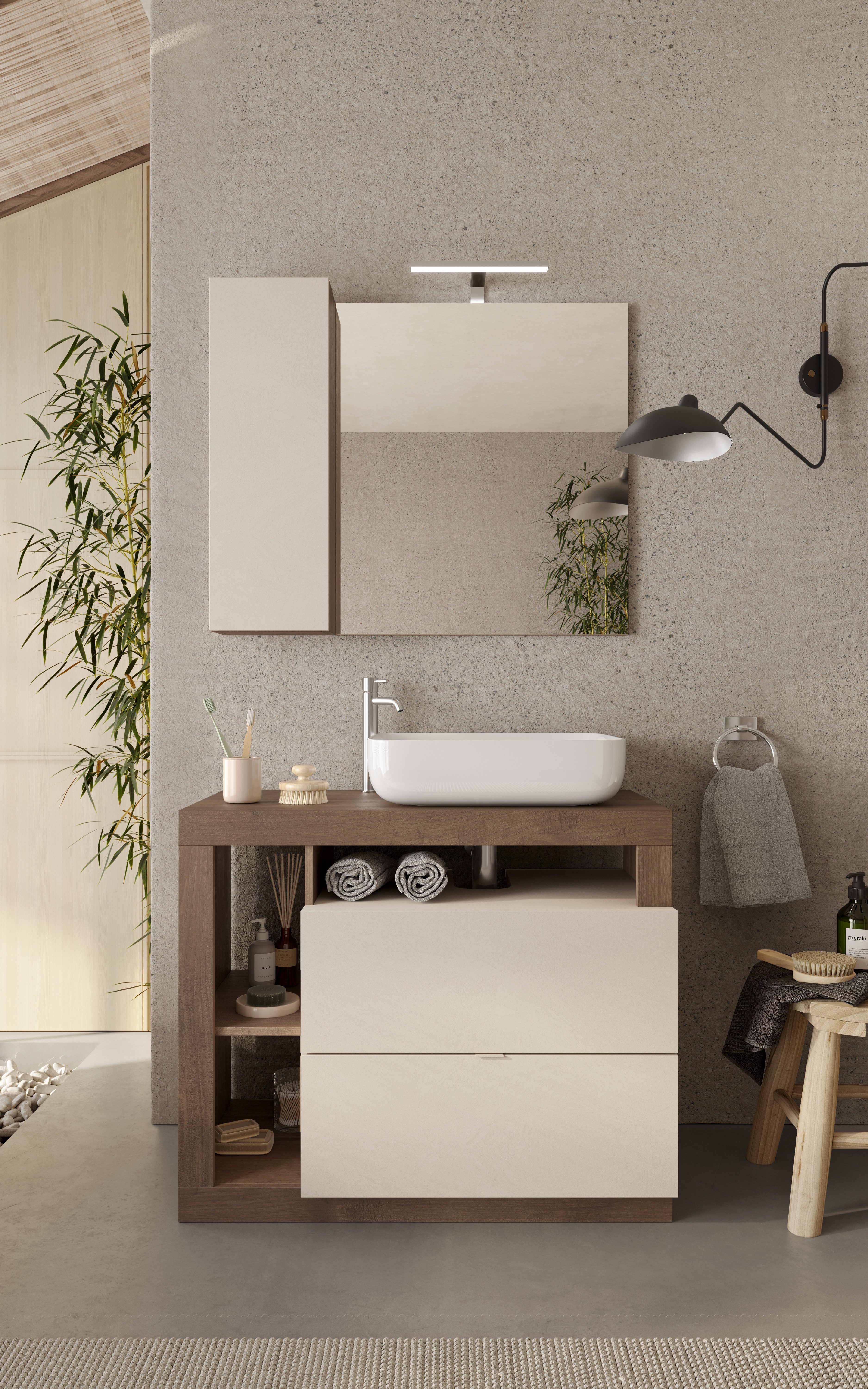 welltime Badmöbel-Set Hamburg, Badezimmerset 2tlg. Breite 92 cm, Badmöbel, Waschtisch inkl., (Spar-Set, 2-St), Waschbecken, Spiegelschrank mit LED Aufbauleuchte, Soft-Close-Funktion