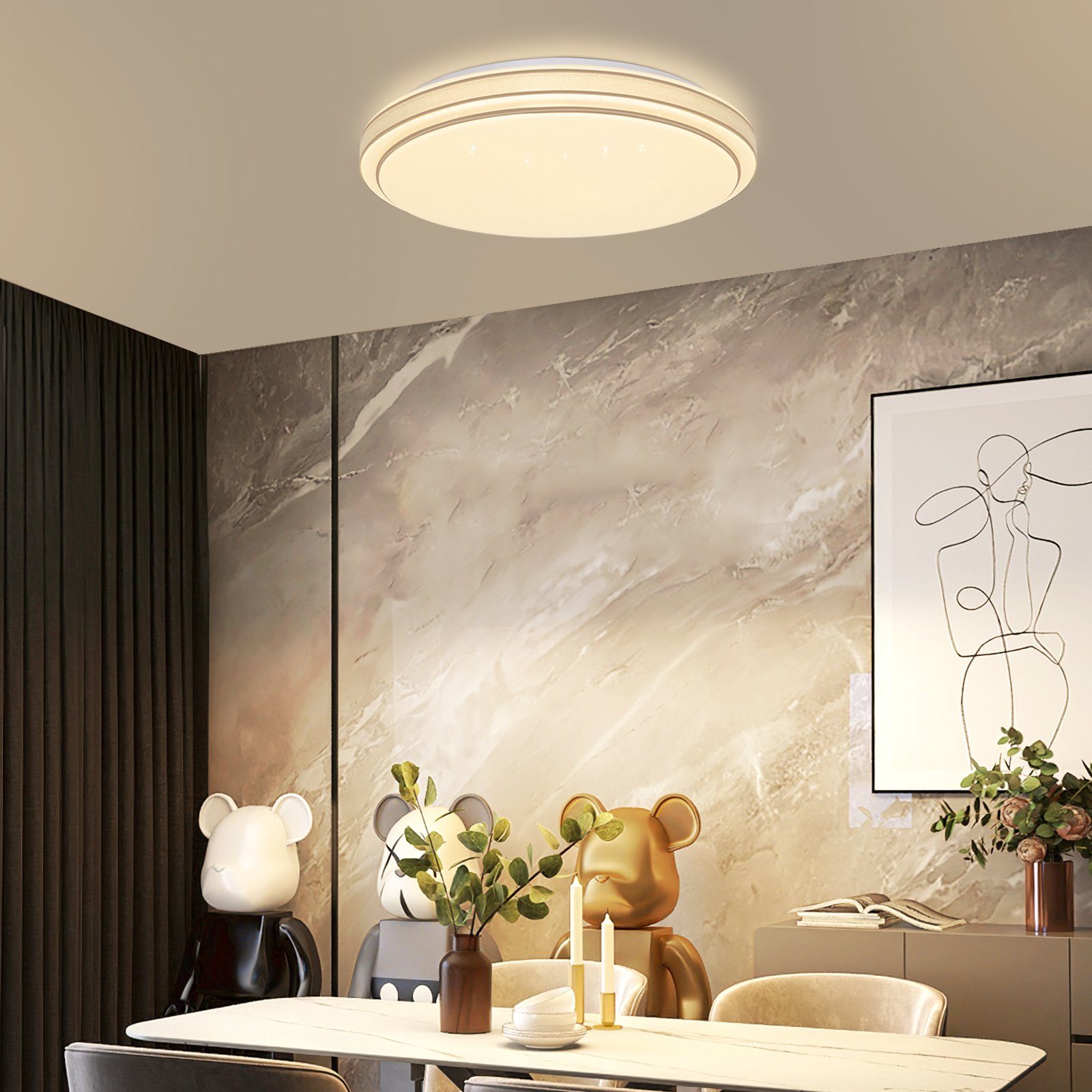 Wohnzimmer, für Flimmerfrei, Schlafzimmerlampe ZMH integriert, Sternenhimmel ‎Weiß LED Deckenleuchte Rund LED Modern fest ∅27cm,