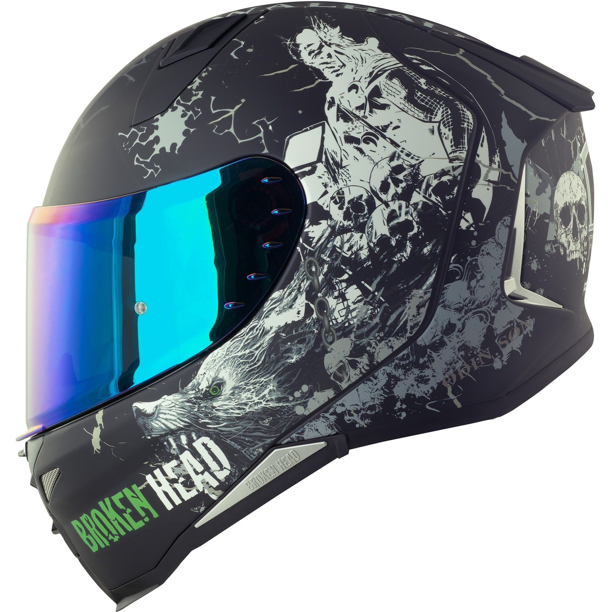 Motorradhelm Broken Head Fullgas Viking Integralhelm V2 Pro SET + Blau Verspiegeltes Visier