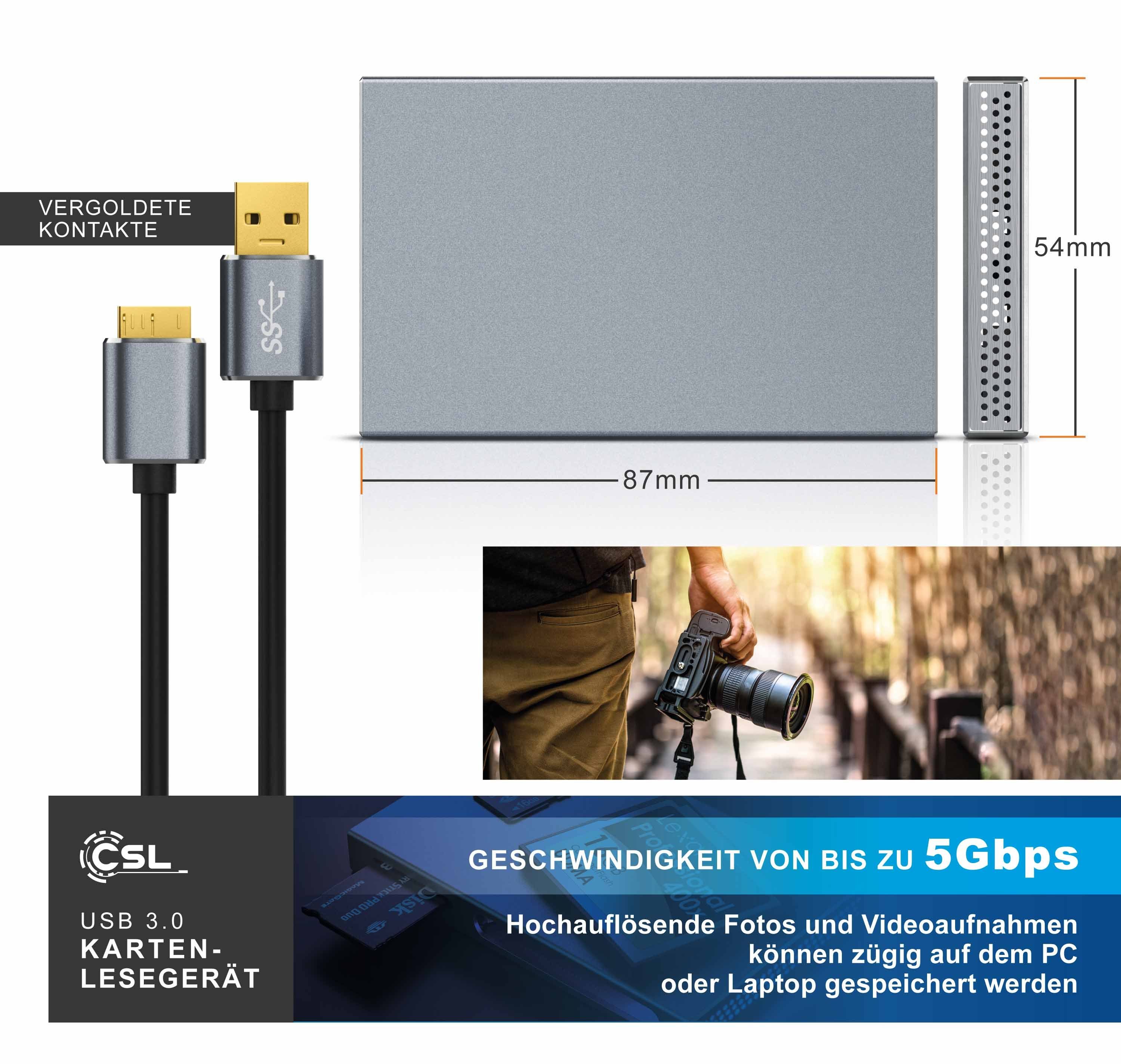 CSL Kartenlesegerät inkl. USB Kabel 5 in 1 Kartenleser mit USB 3.0 USB-Adapter USB-A, 45 cm, für SD, microSD und weitere Speicherkarten, Plug and Play – Bild 4 von 5