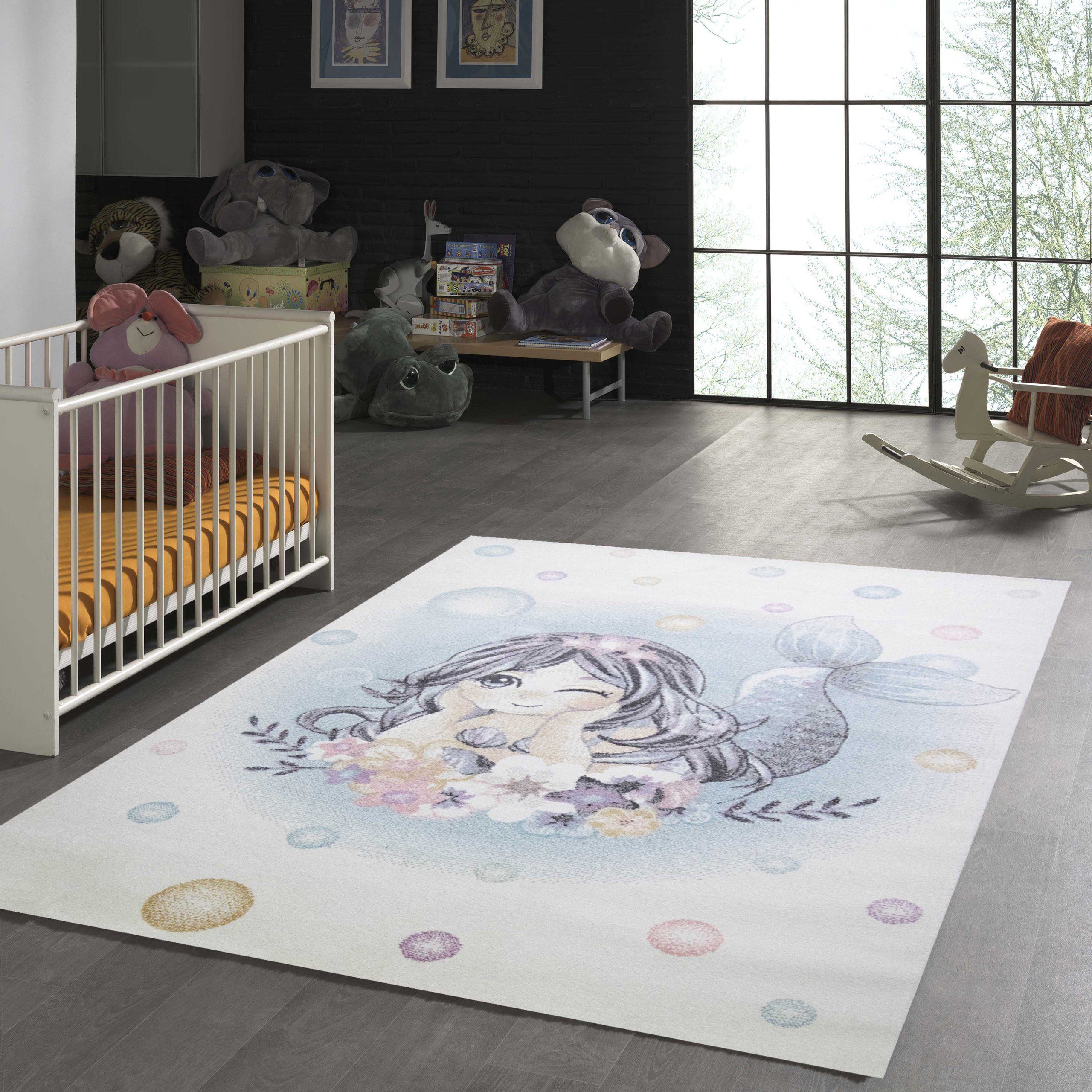 TeppichHome24 Kinderteppich Kinderteppich Meerjungfrau creme blau, rechteckig, Höhe: 0.9 mm