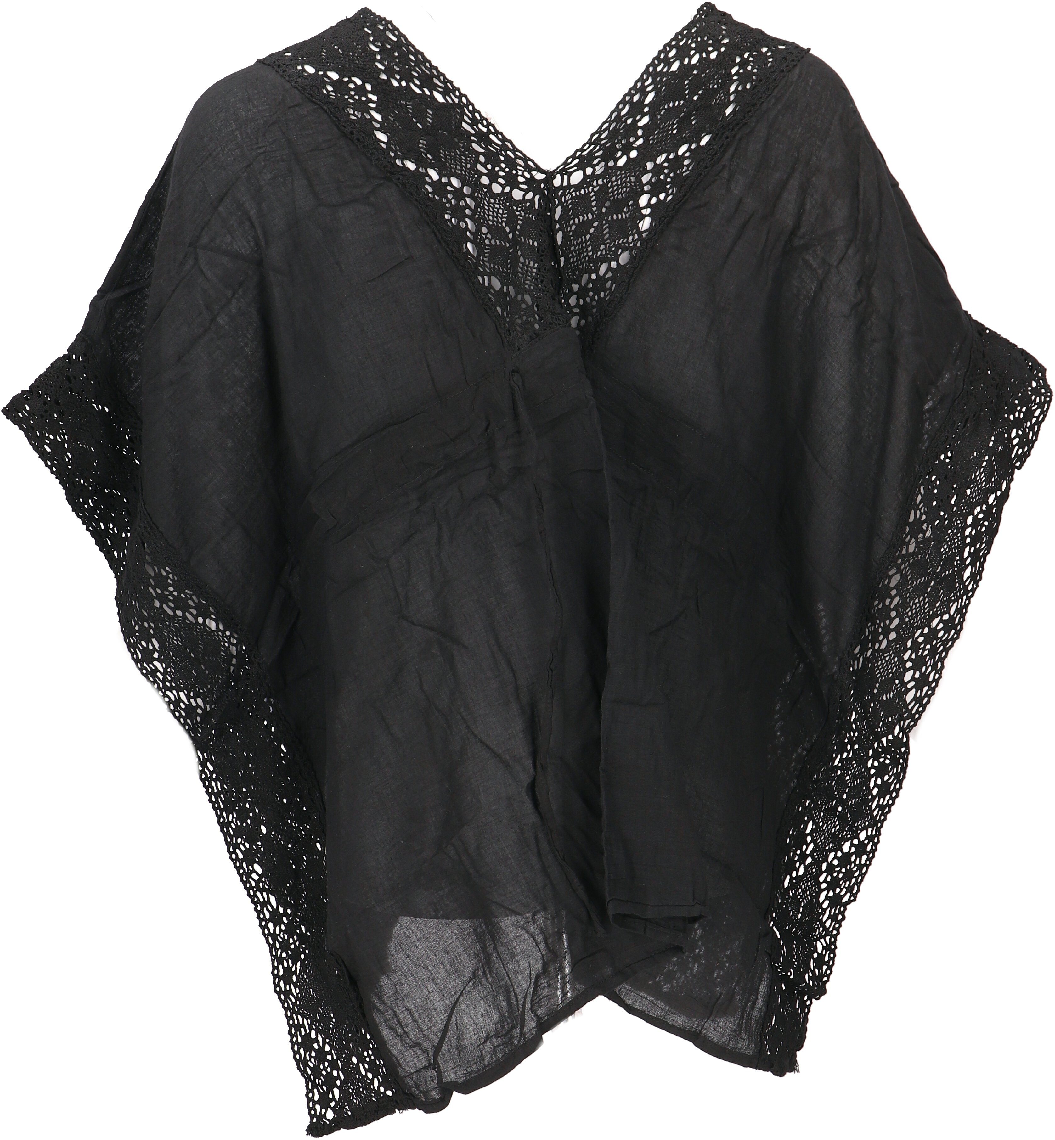 Guru-Shop Longbluse Kurze mit Bekleidung Boho alternative Kaftan Spitze, schwarz Kaftanbluse 