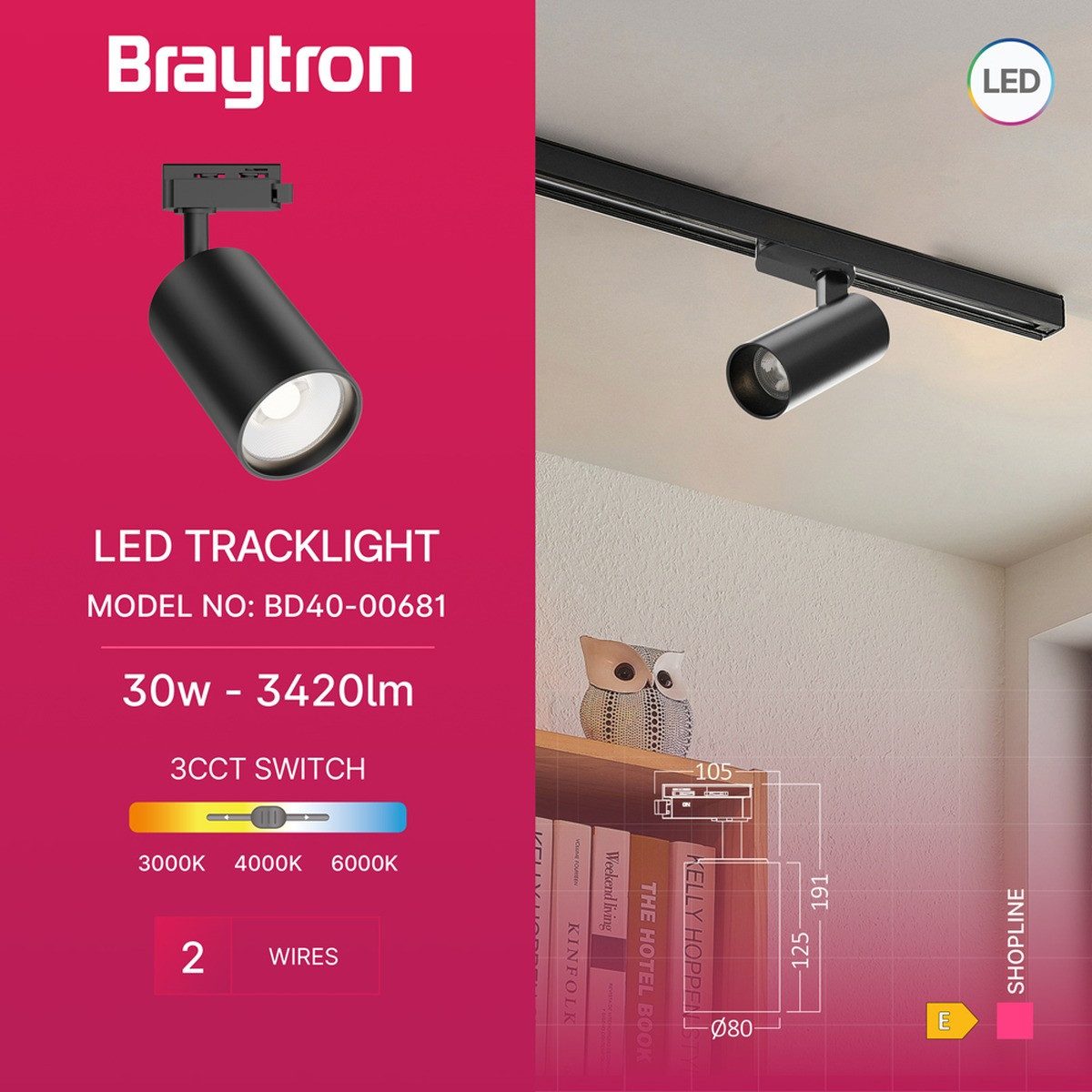 Braytron Schienensystem-Leuchten 1-Phasen LED-Schienenstrahler 30W – 3CCT für flexible Beleuchtung, LED fest integriert, Neutralweiß, Kaltweiß, Warmweiß, Schwenkbar, Drehbar, 3CCT