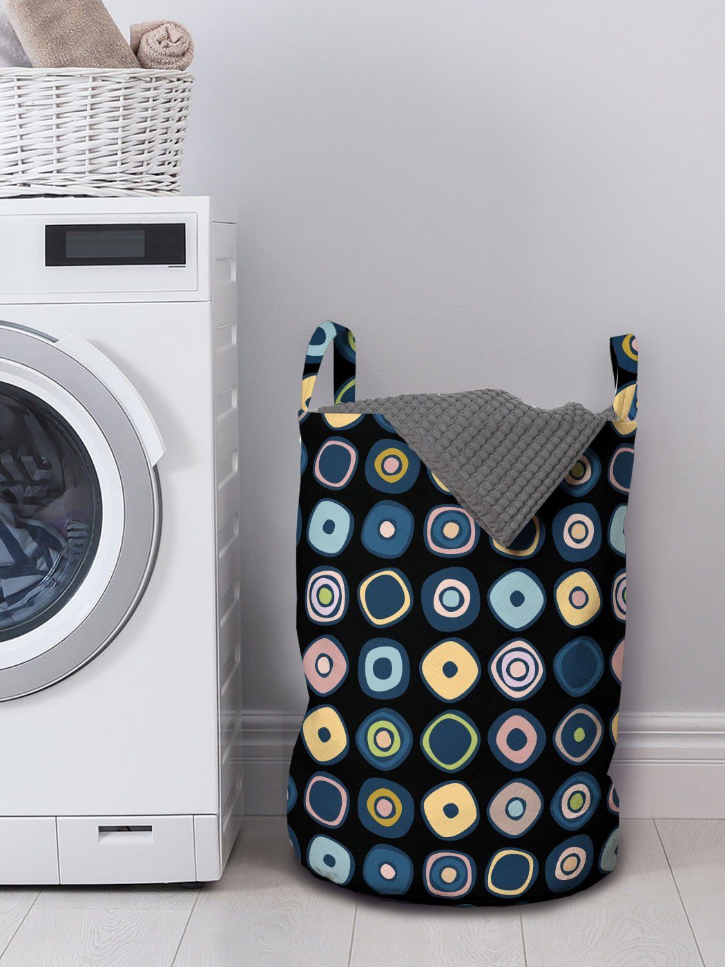 Waschsalons, Kordelzugverschluss für Disc Wäschesäckchen dots Punkte Formen wie Abakuhaus und Griffen mit Wäschekorb
