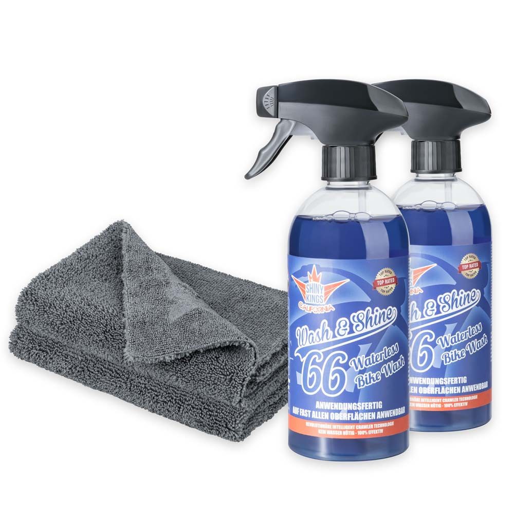 Shinykings Wash & Shine BIKE - Schnellreiniger - 2 x 0,5 Liter + 2 Spezialtücher Zweiradreiniger