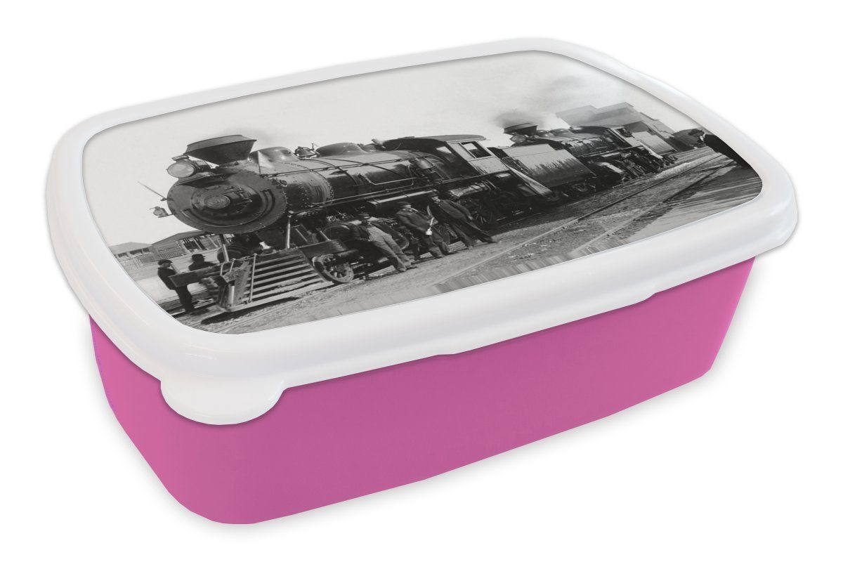 Dampfzuges, Mädchen, Brotdose Snackbox, Schwarz-Weiß-Fotografie für Kinder, MuchoWow (2-tlg), antiken Kunststoff, eines Brotbox rosa Erwachsene, Kunststoff Lunchbox