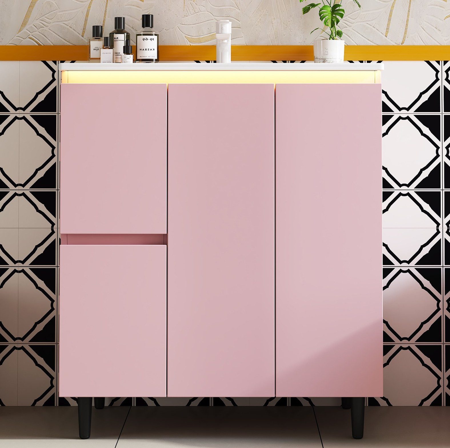 OKWISH Waschbeckenunterschrank Badezimmerschrank Badmöbel (76x47x89 cm mit integriertem Waschbecken, LED-Radarsensorleuchte und Soft-Close-Türen, freistehender Badschrank mit erhöhtem Fußdesign für das Badezimmer)