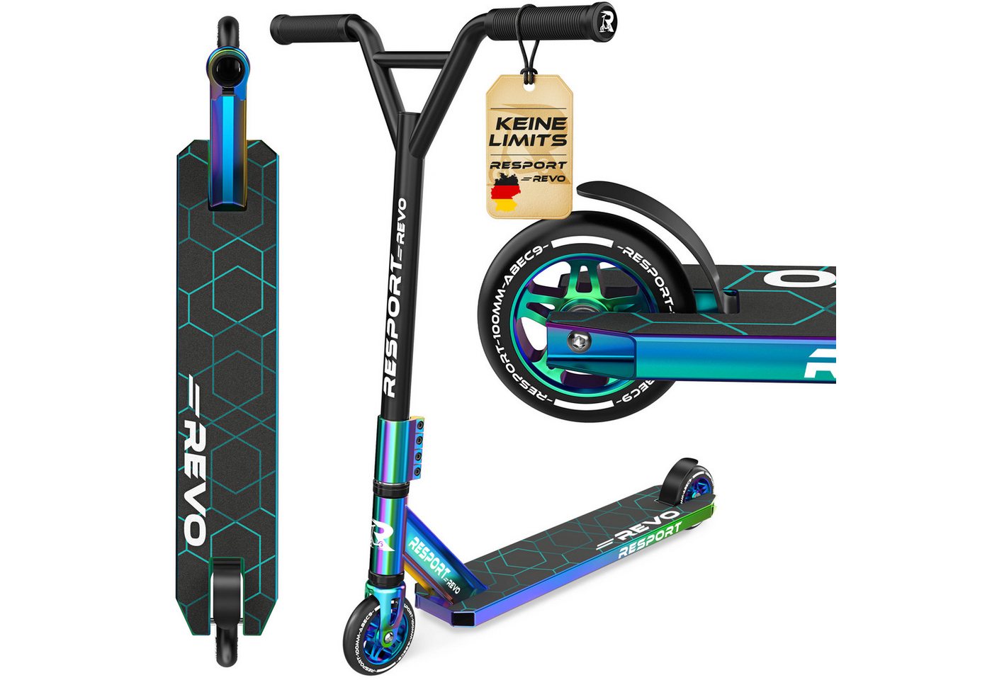 RE:SPORT Cityroller RE:SPORT® Revo Stunt Scooter inkl. Ständer ABEC 9 Kugellagern 100mm, (Stuntscooter Kickscooter ABEC 9 Kugellager Trickroller, mit Ständer Profi Stuntroller 100mm PU Wheels & Y-Bar), Stunt Scooter REVO für Kinder & Erwachsene