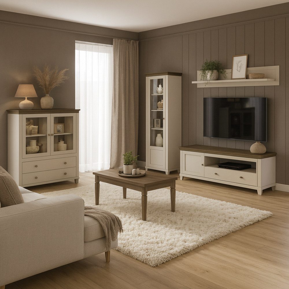 Lomadox Wohnzimmer-Set EPSOM-83, (Mega-Spar-Set, 5-St., Highboard Vitrine Wandregal Lowboard Couchtisch), Beige mit Eiche, Landhausstil