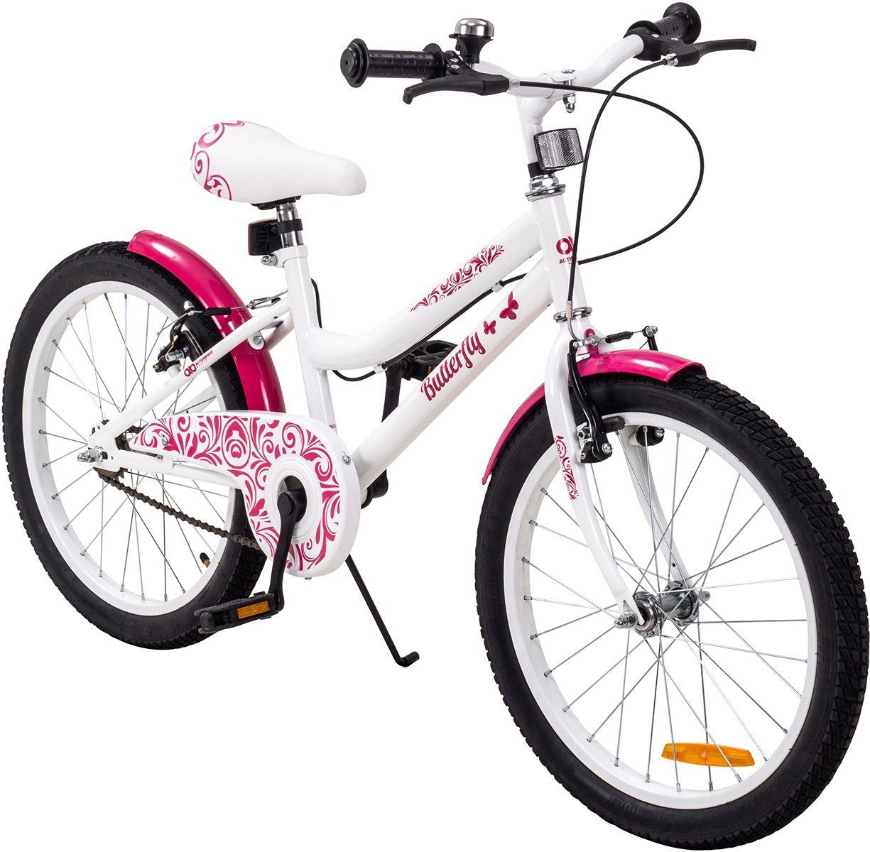 Actionbikes Motors - Fahrrad / ab ohne ab 6 Schaltung, max. Luftbereifung, Zoll, Fahrradständer, (20 Mädchen 6 Jungen Kettenschutz, Zuladung Weiß/Pink Gang, Körpergröße, Mädchen cm Schutzbleche, 20 pink), Butterfly Jahre höhenverstellbares 1 Jahre, Freilauf, Klingel, Katzenaugen, kg, weiß 115 Kinderrad V-Brake-Bremsen, Kinder Bike 1-tlg., ab Zoll Reflektoren, Kinderfahrrad Antirutschgriffe, 50