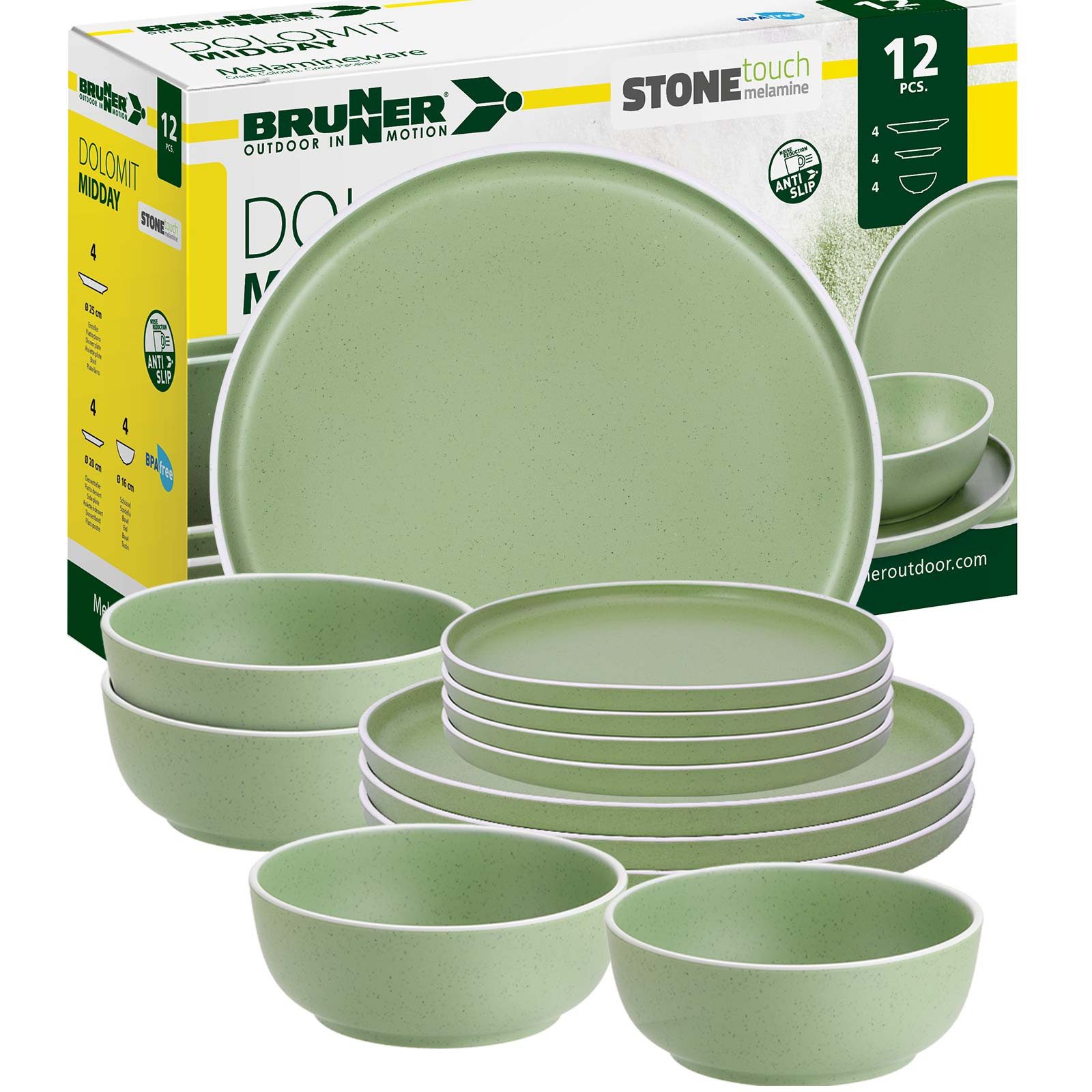 BRUNNER Geschirr-Set BRUNNER Camping Geschirrset DOLOMIT (12, 16, 36-tlg) GRÜN AntiSlip (12-tlg)