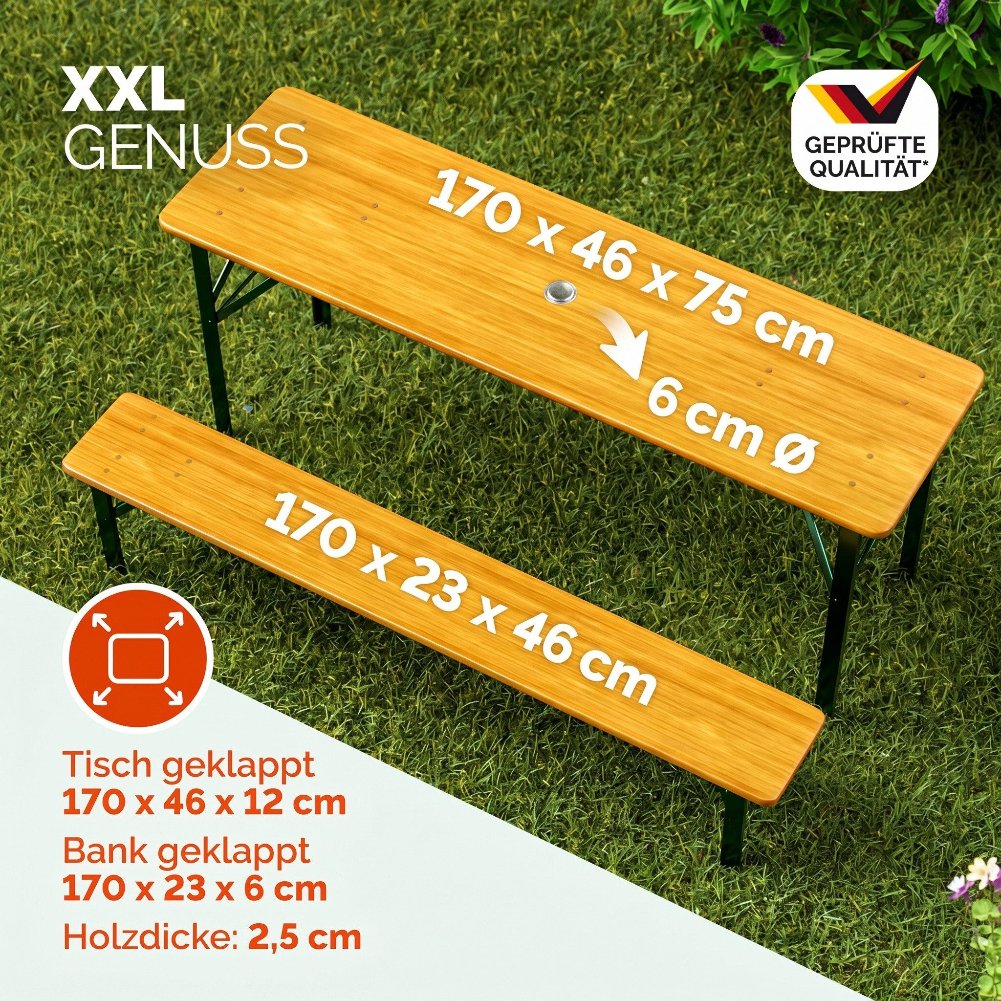 Casaria Bierzeltgarnitur, 4er Set 170cm Klappbar Stabil 3 Teilig 2x Bierbank 1x Tisch Holz