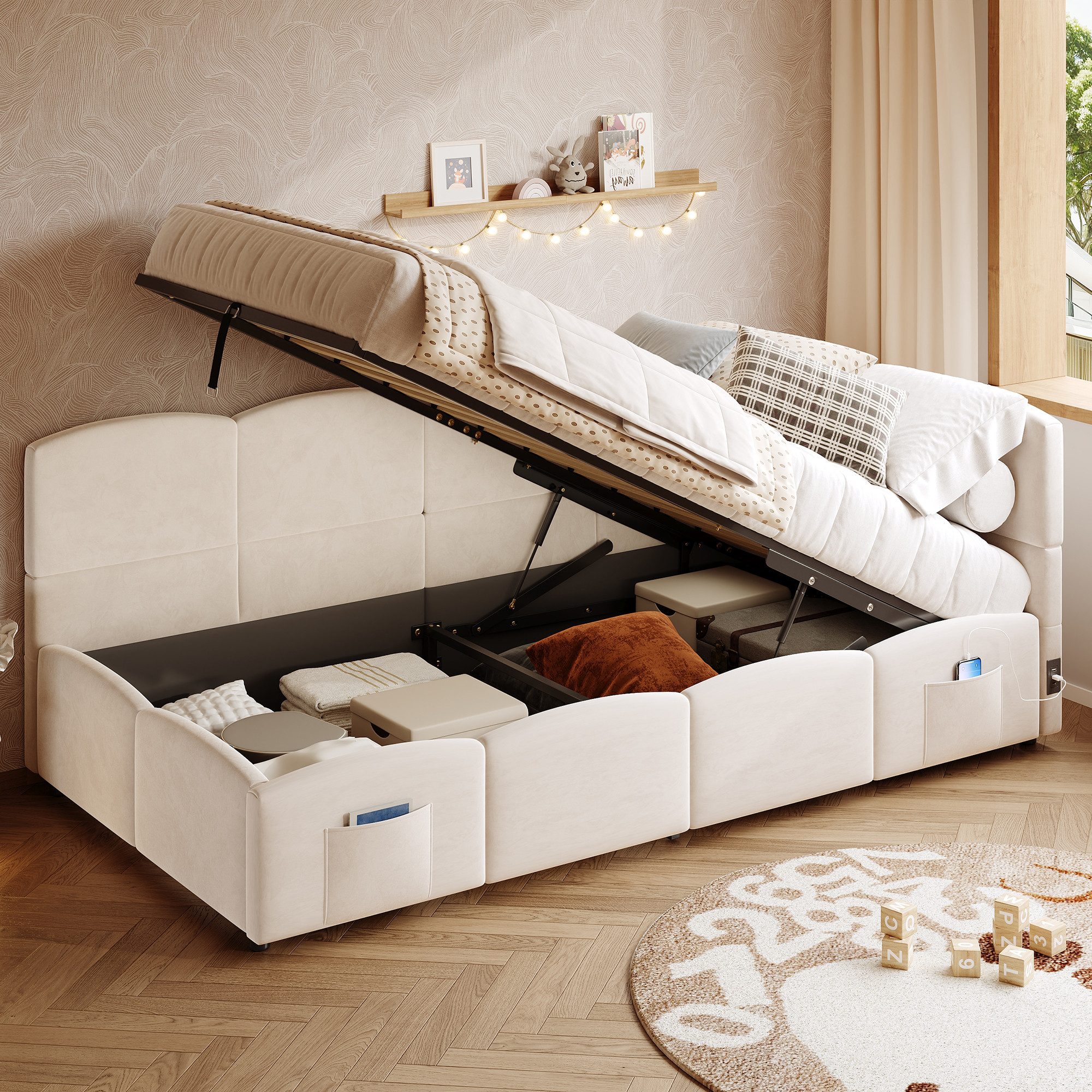 MODFU Polsterbett Schlafsofa multifunktionales Bettsofa (Einzelbett, Stauraumbett, Gästebett, 2-tlg., 90x200 cm, ohne Matratze), mit hydraulischem Stauraum und Ladefunktion