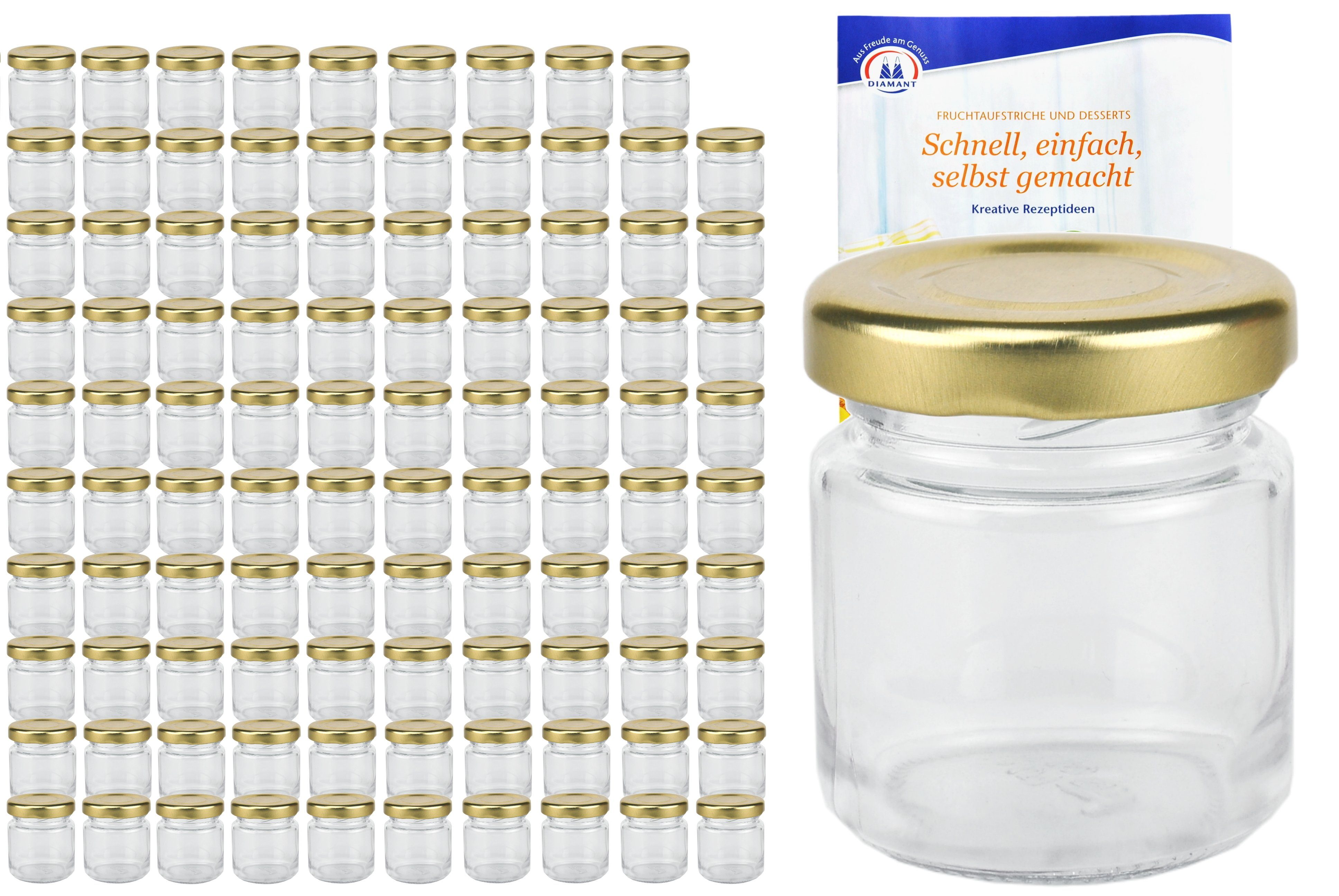 Einmachglas 100er Set Sturzglas 53 ml To 43 goldener Deckel incl. Rezeptheft