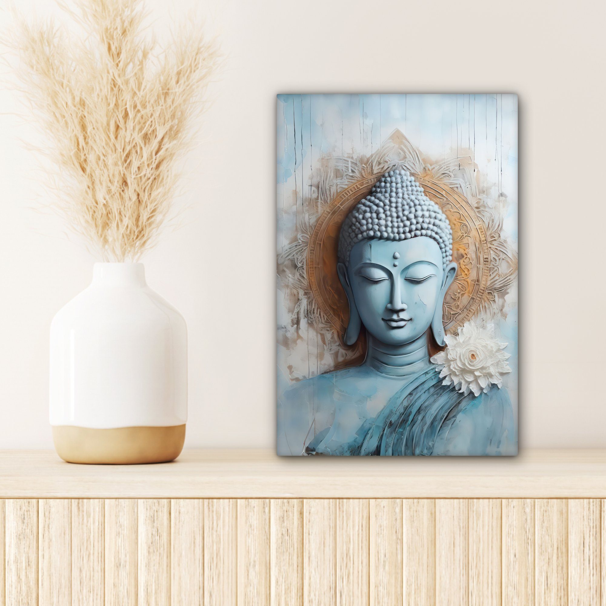 20x30 Blau - Gemälde, cm Blume, Leinwandbild - bespannt - Statue - fertig St), inkl. Braun (1 Zackenaufhänger, Buddha Leinwandbild OneMillionCanvasses®
