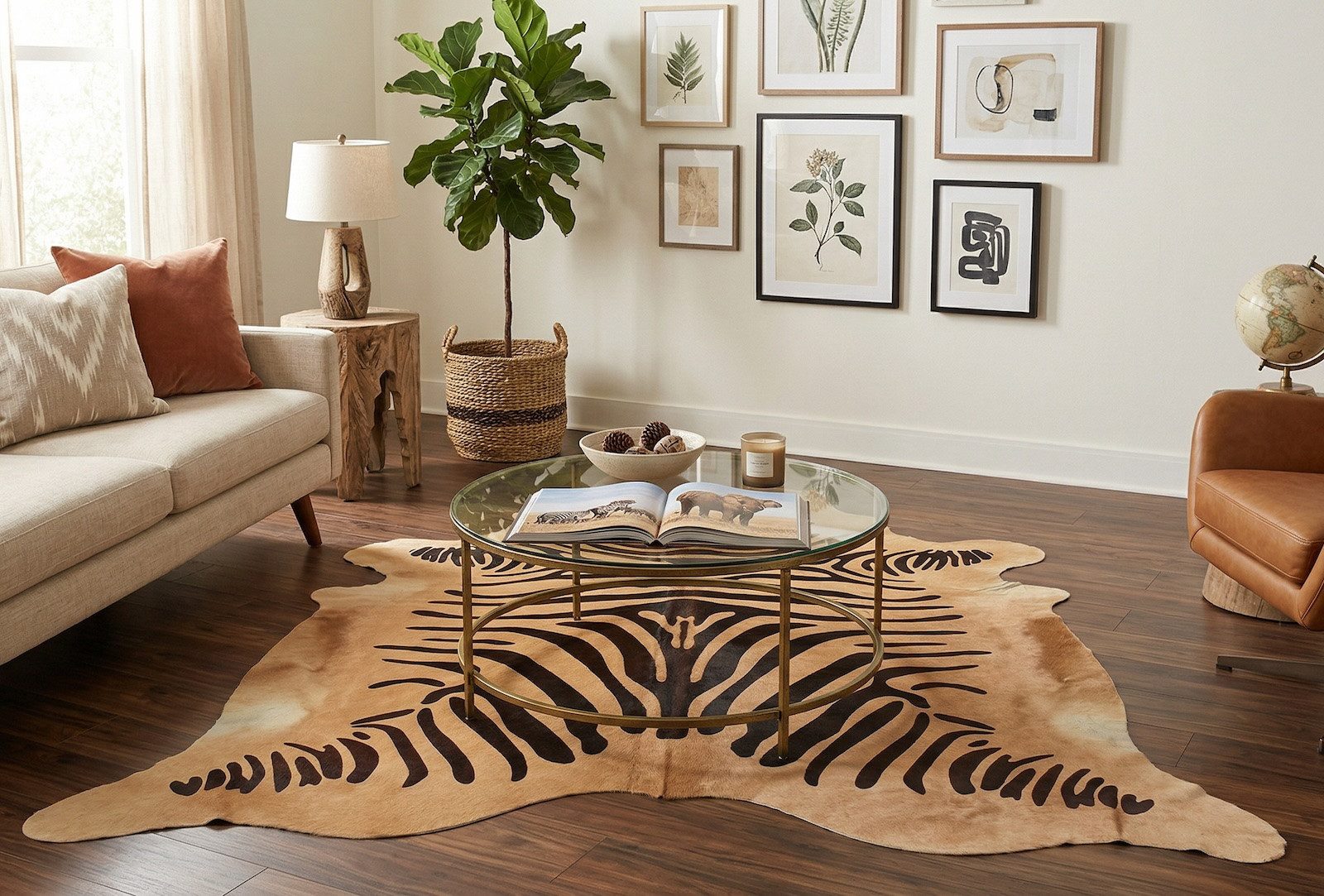 KUHFELL online & NOMAD Fellteppich Kuhfell creme weiß mit Zebra Print Rinder Fell Teppich