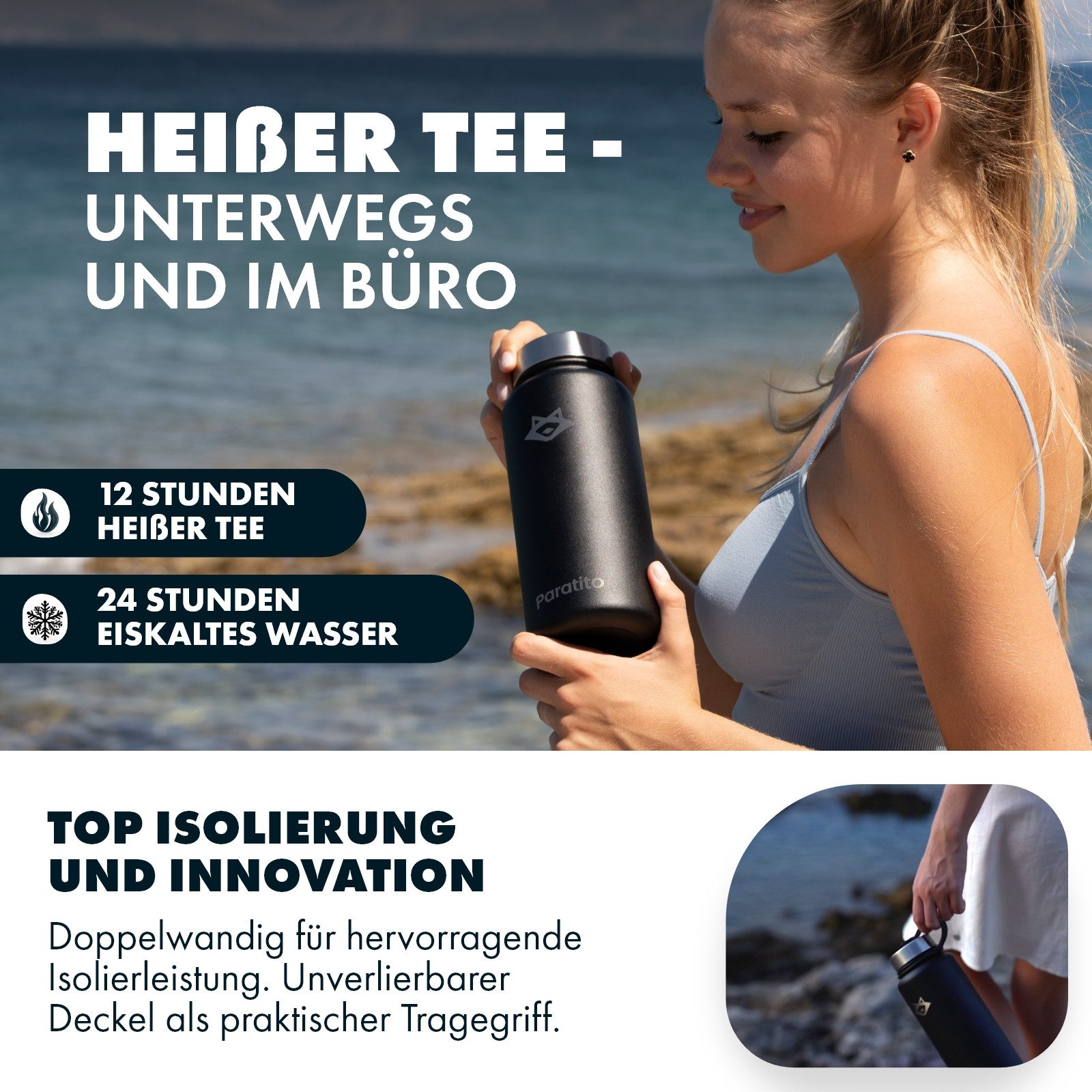 Paratito Isolierflasche Paratito® Thermosflasche mit Teesieb - Teeflasche mit Sieb To Go 1L, BPA-frei, Edelstahl, Liter, Teesieb