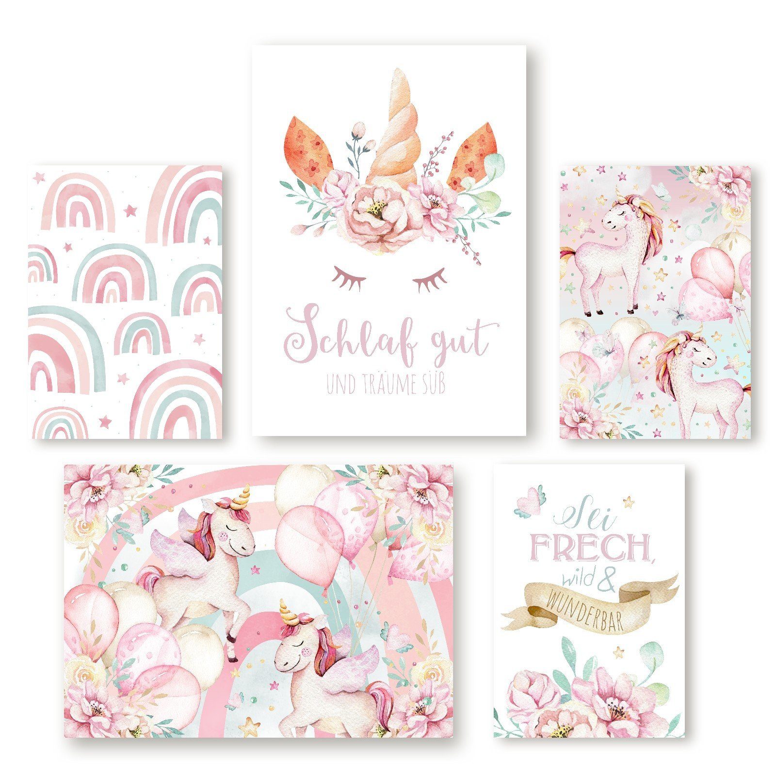 homestyle-accessoires Poster Kinderzimmer Bilderset UNICORN EINHORN - SCHLAF GUT & TRÄUME SÜSS, (5 St), - Ohne Bilderrahmen - sorgfältige & sichere Verpackung