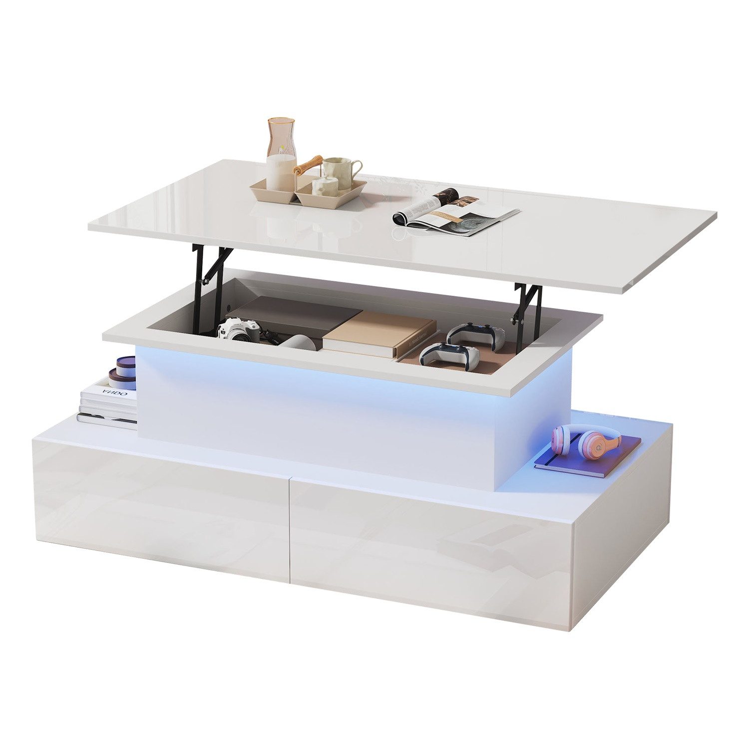 Rutaqian Beistelltisch Modernes Hochglanz-Couchtisch mit LED-Beleuchtung und 4 Schubladen (Ausziehbares Design für den Schreibtisch, 90x55x41 cm), Stilvoller Beistelltisch mit Stauraum, Belastbar bis 30 kg