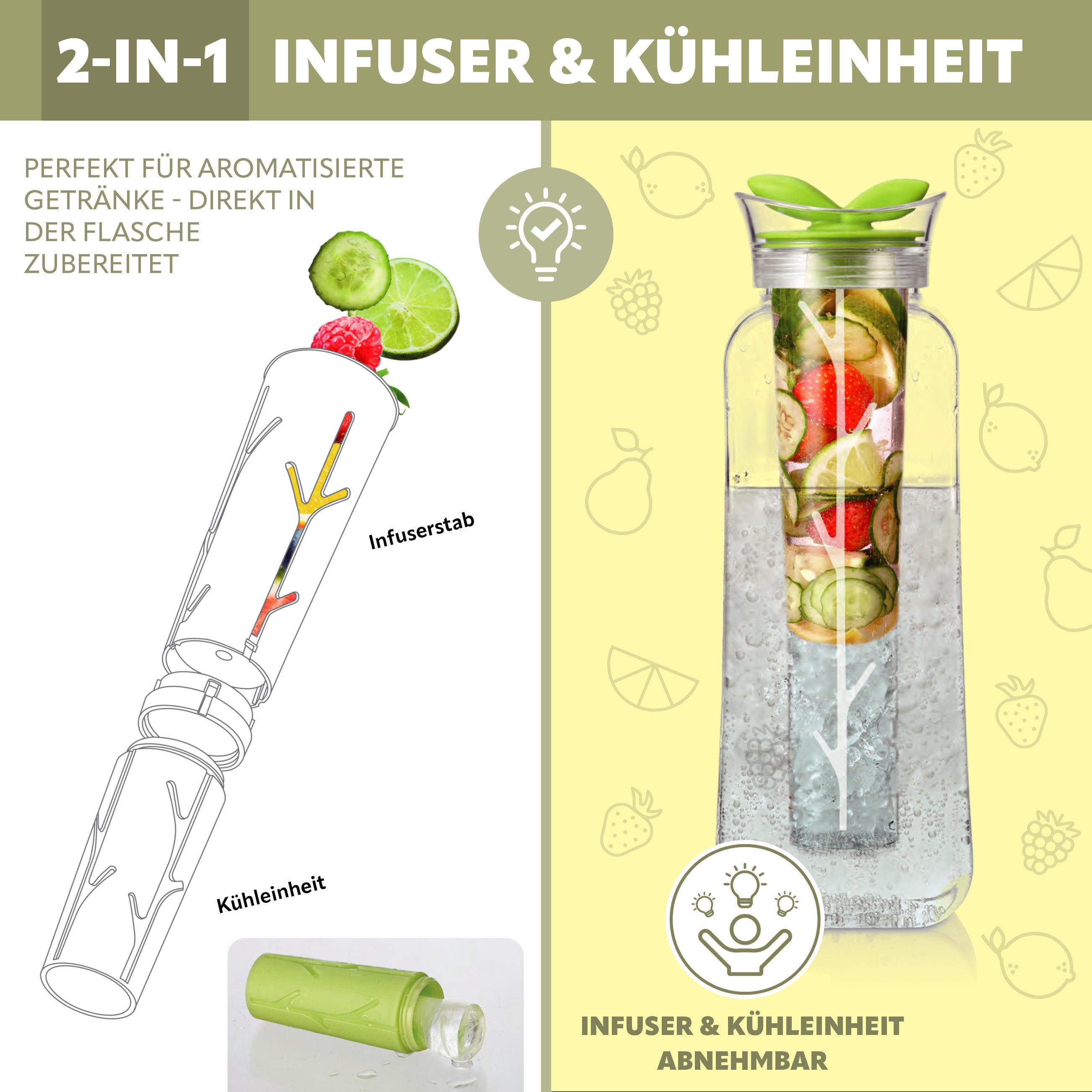bremermann Karaffe mit Infuserstab, 1.4 Liter aus Kunststoff, grün, (1-tlg), Infuserstab mit Kühleinheit