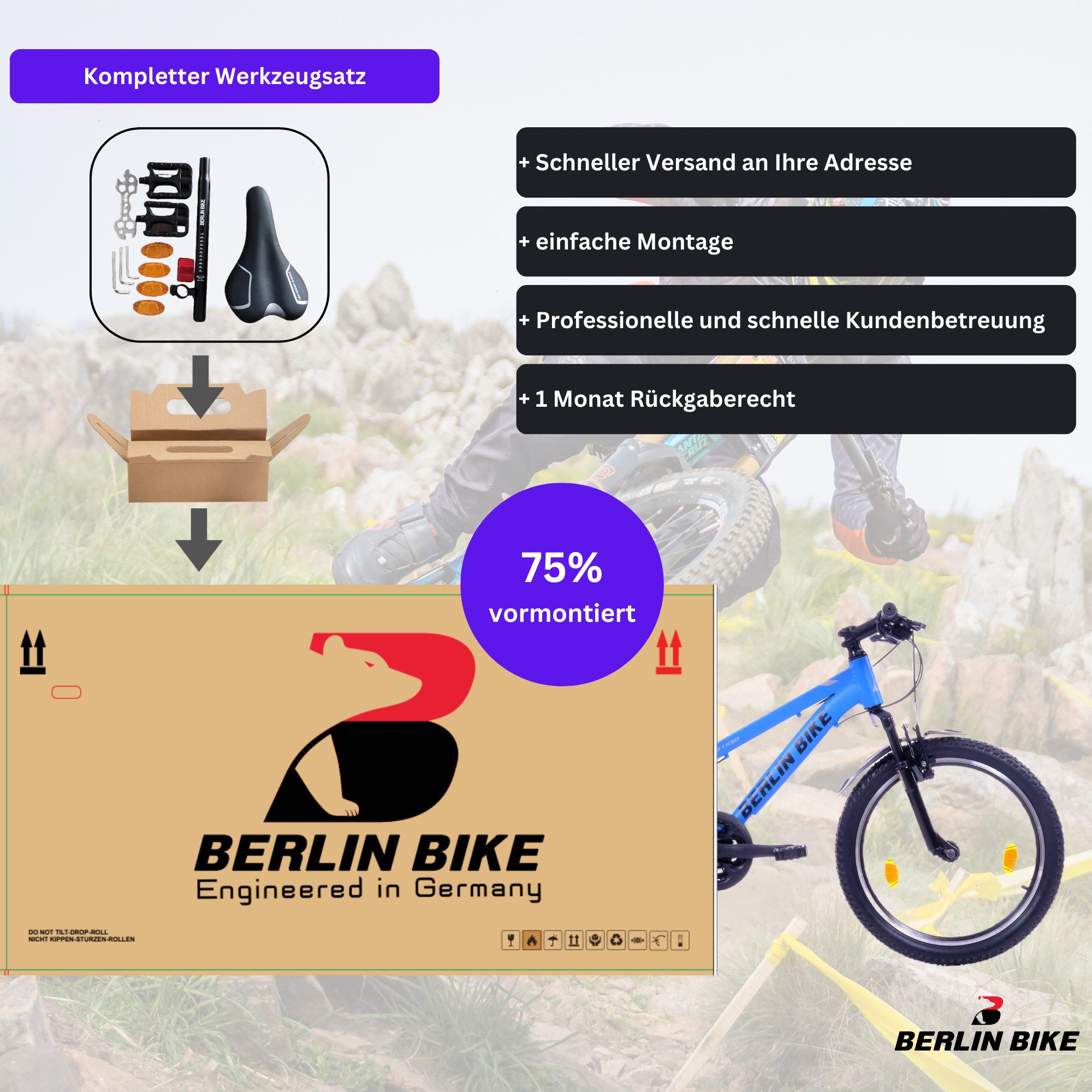 BERLIN BIKE Mountain Bike 20 inch MTB with aluminum frame, 21-speed Shimano FD-TZ500/RD-TY200D derailleur, derailleur gears, front suspension, aluminum frame