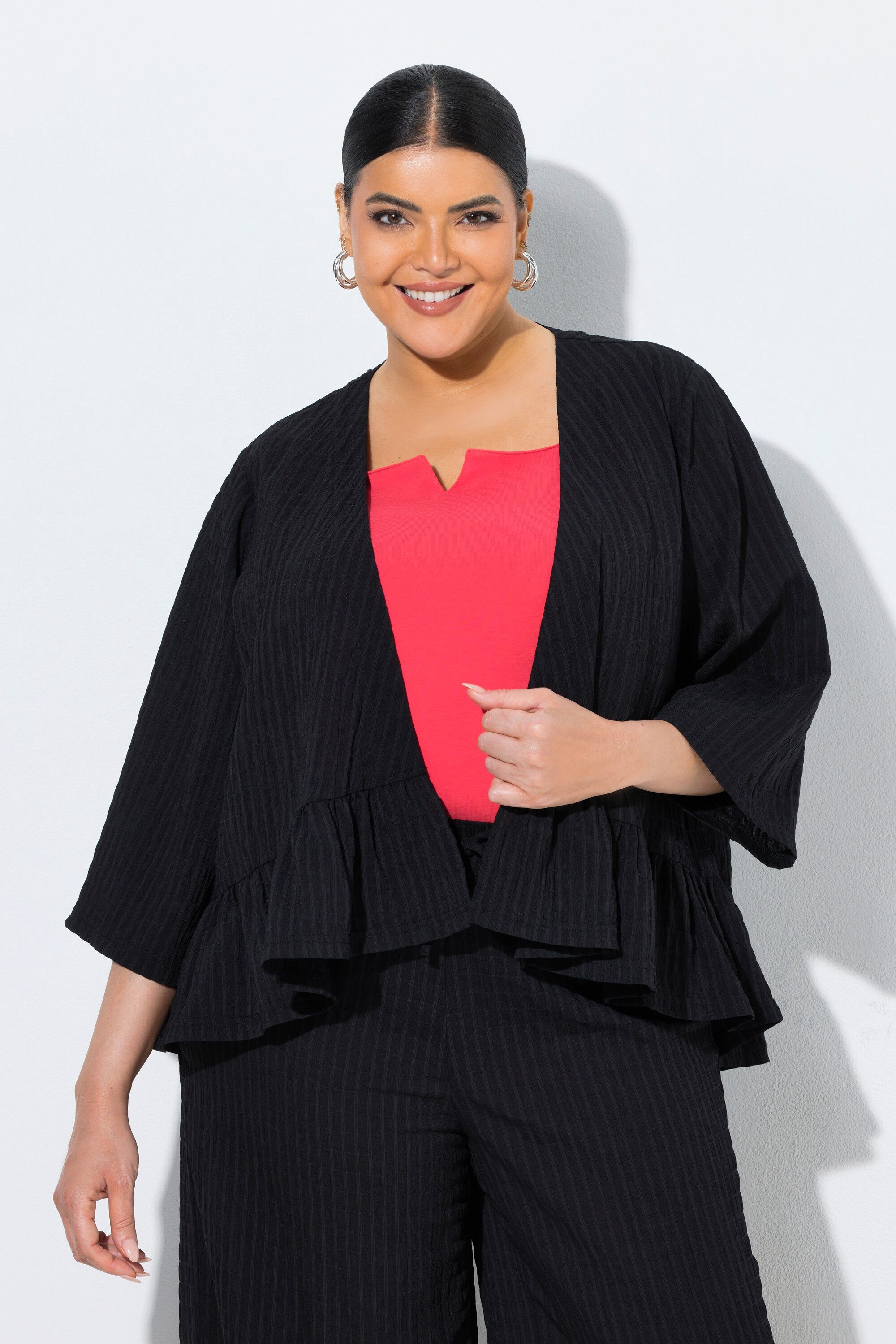 Ulla Popken Blusenjacke Kimono-Bluse Oversized Volantsaum ohne Verschluss