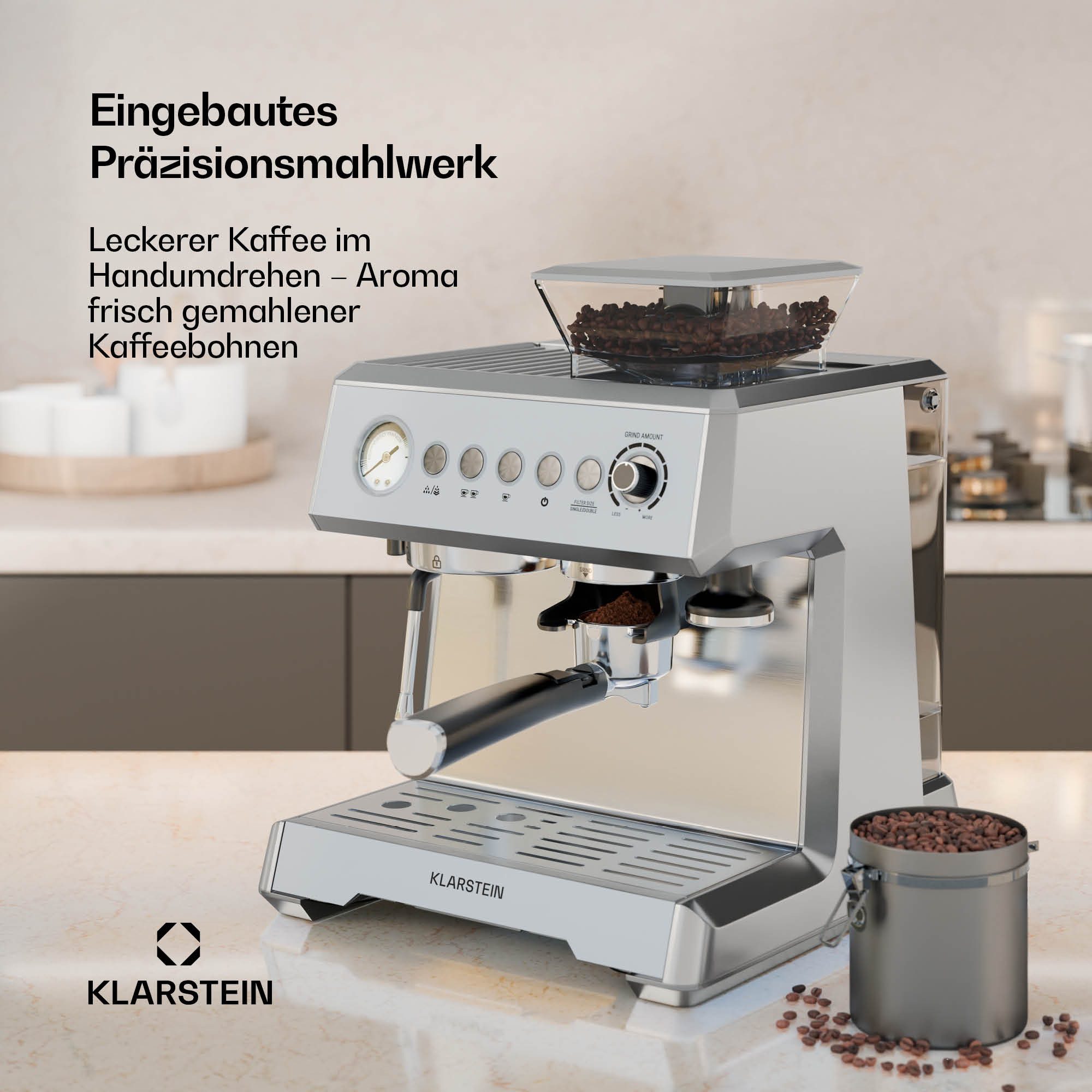 Klarstein Espressomaschine, 2.3l Kaffeekanne, Edelstahl-Siebträger, Elektrisch 20 Bar Espressomaschine Kaffemaschine Touch