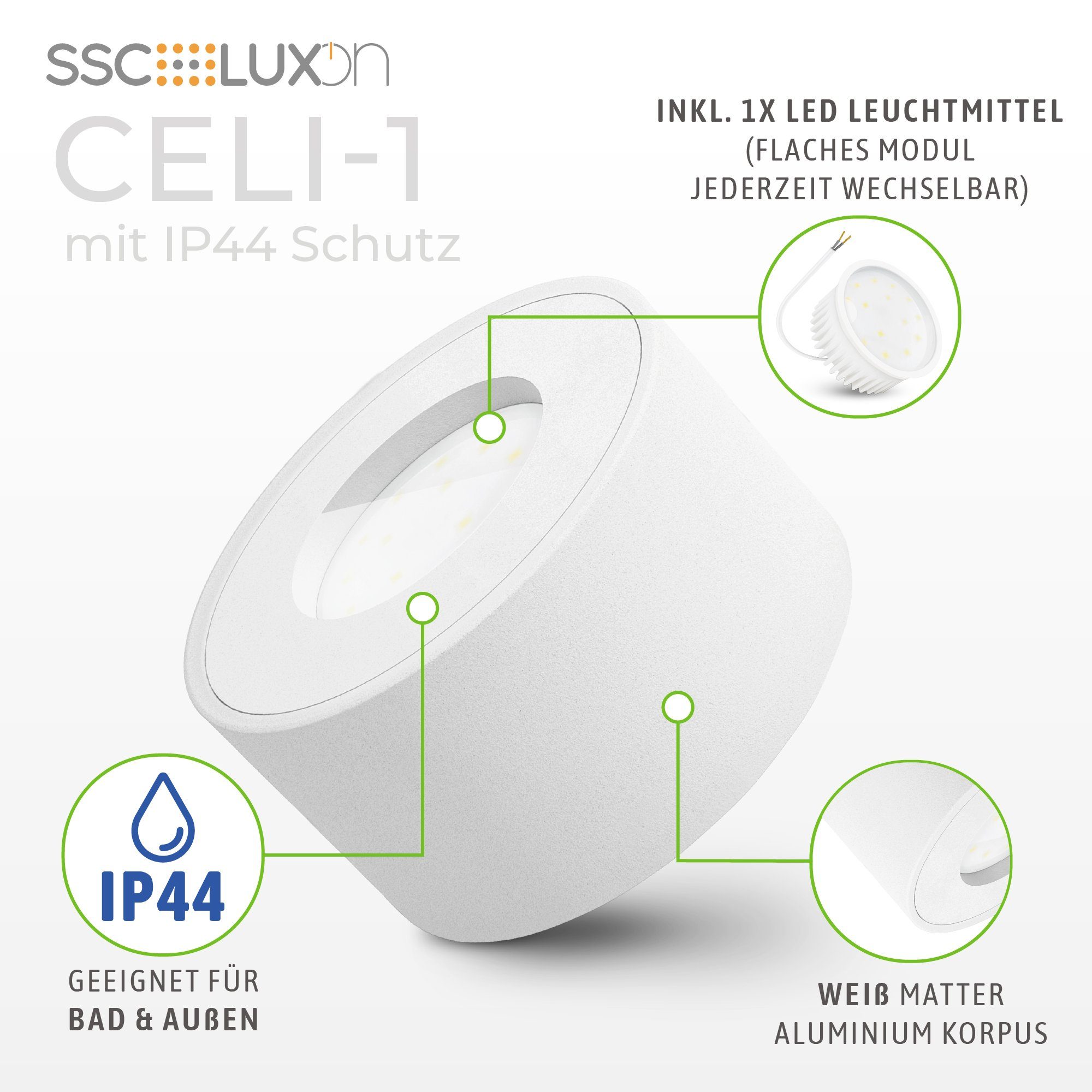 SSC-LUXon LED Aufbaustrahler CELI-1 Aufbauspot fuer Bad & Aussen IP44 in weiss mit LED Modul 4W, Neutralweiß
