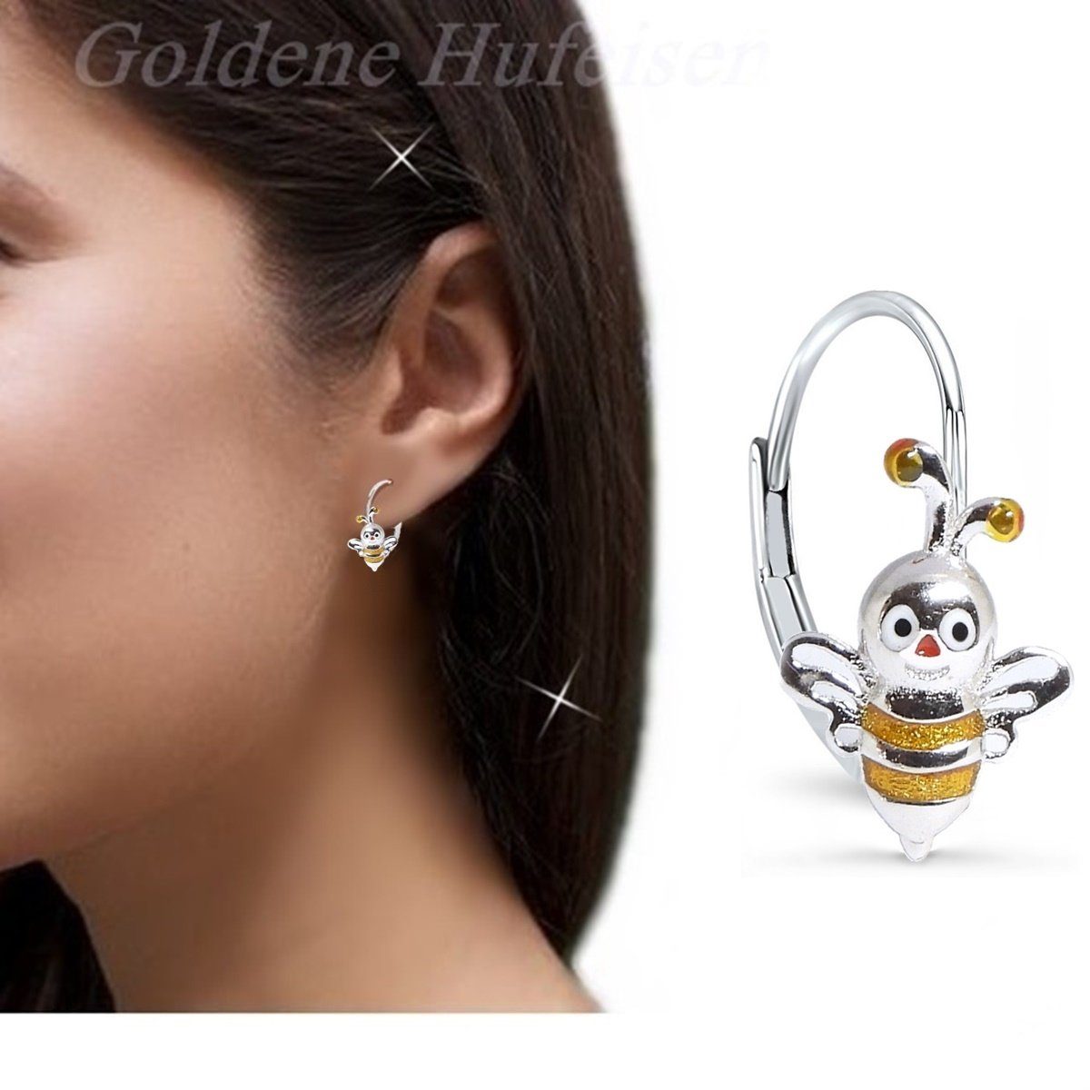 Biene Mädchen Sterling Kinderschmuck (Hängeohrringe, Brisur Hufeisen aus 925 Silber Kinder Ohrringe Etui), Ohrhänger inkl. Goldene Paar