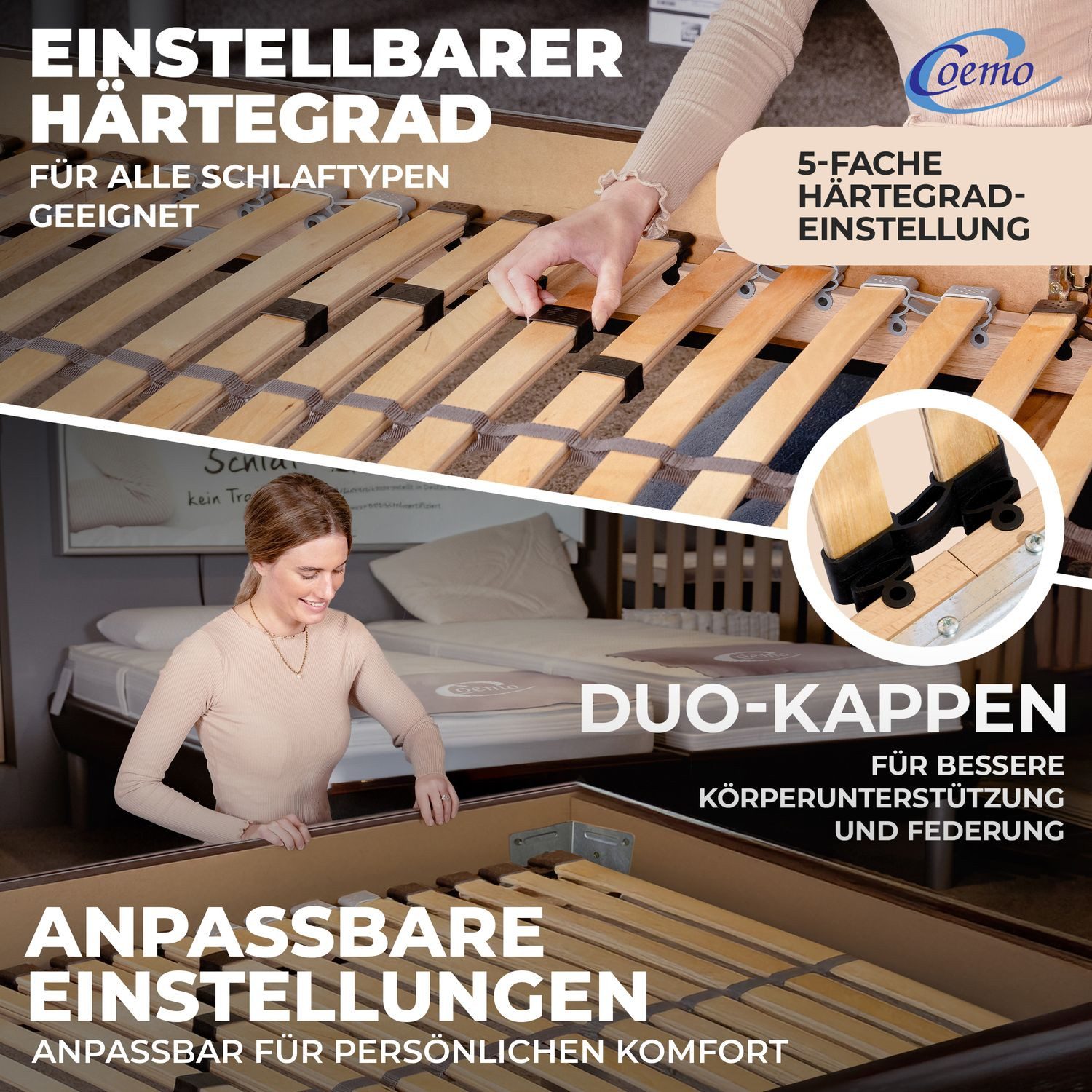 Lattenrost ERGO NV, Coemo, Kopfteil nicht verstellbar, Fußteil nicht verstellbar, 80x200 cm 7 Zonen 28 Leisten Härtegradverstellung flache Bauweise